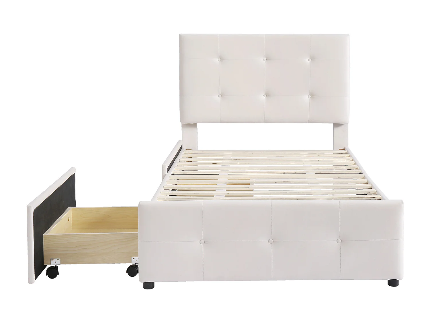 Lit simple 90x200 cm avec sommier à lattes, tête de lit et tiroir, tissu velours beige (Sans matelas)