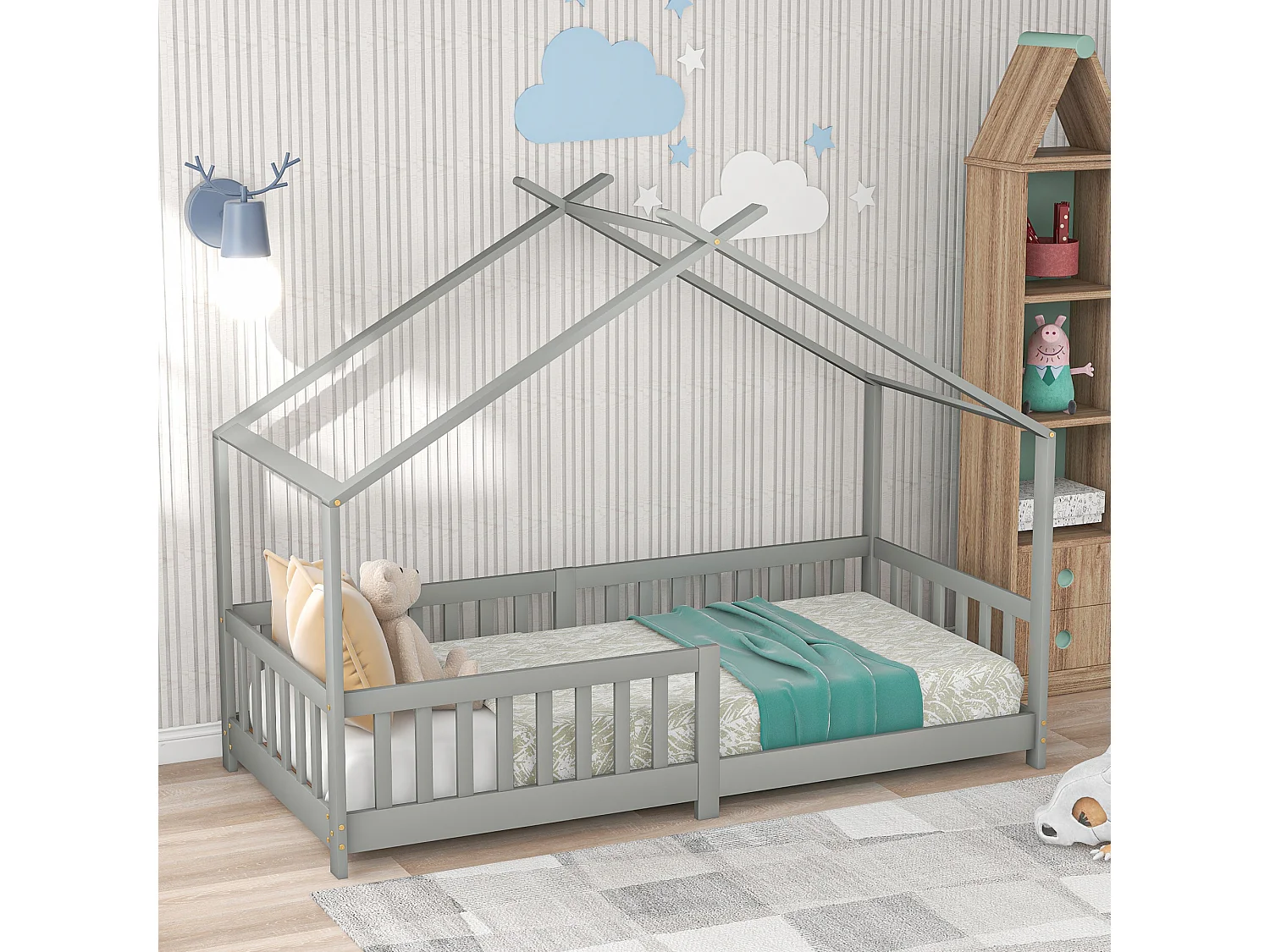 Lit enfant 90x200cm avec barrière de sécurité et sommier à lattes en gris pour enfants et adolescents