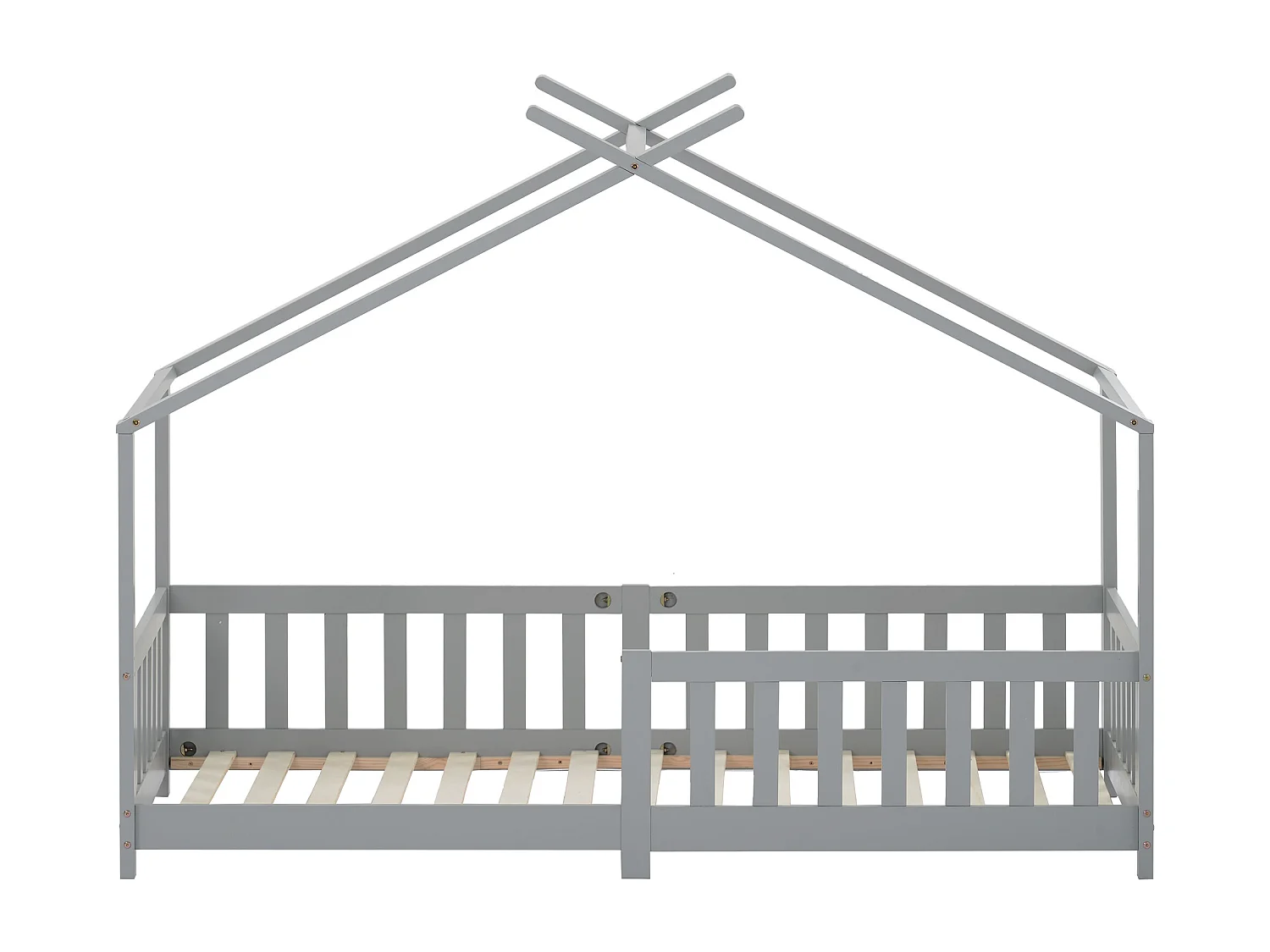 Lit enfant 90x200cm avec barrière de sécurité et sommier à lattes en gris pour enfants et adolescents