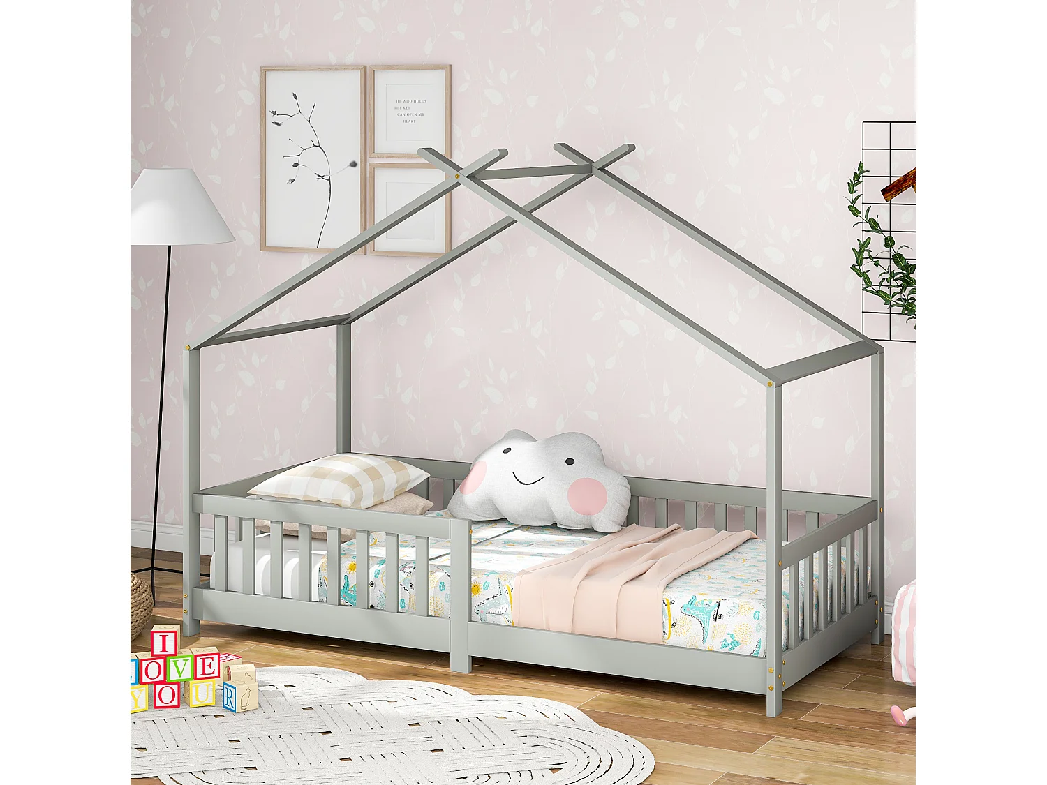 Lit enfant 90x200cm avec barrière de sécurité et sommier à lattes en gris pour enfants et adolescents