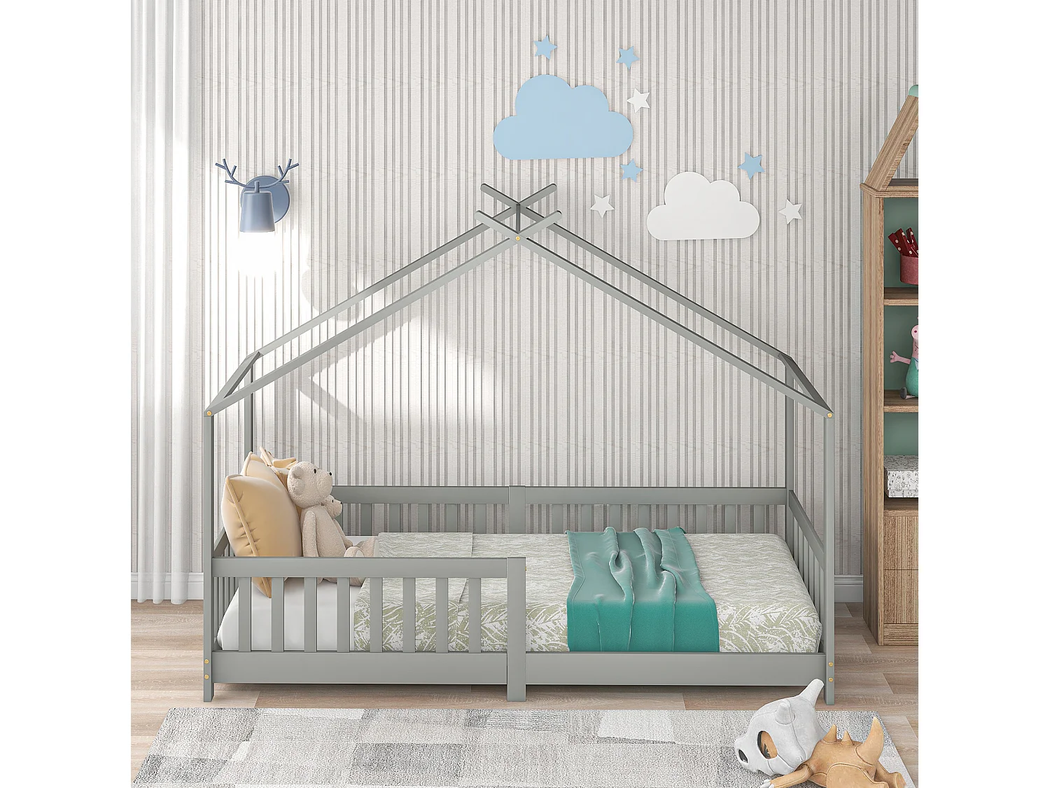 Lit enfant 90x200cm avec barrière de sécurité et sommier à lattes en gris pour enfants et adolescents