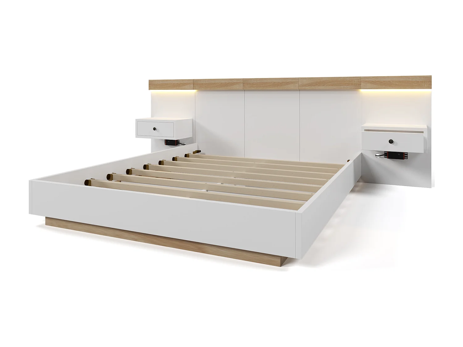 Lit double 160x200 cm avec 2 tables de chevet LED et prises USB C, bois, chêne Sonoma et blanc (Sans matelas)