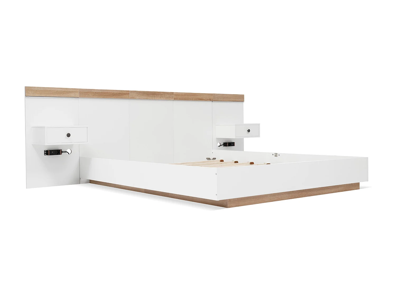 Lit double 160x200 cm avec 2 tables de chevet LED et prises USB C, bois, chêne Sonoma et blanc (Sans matelas)