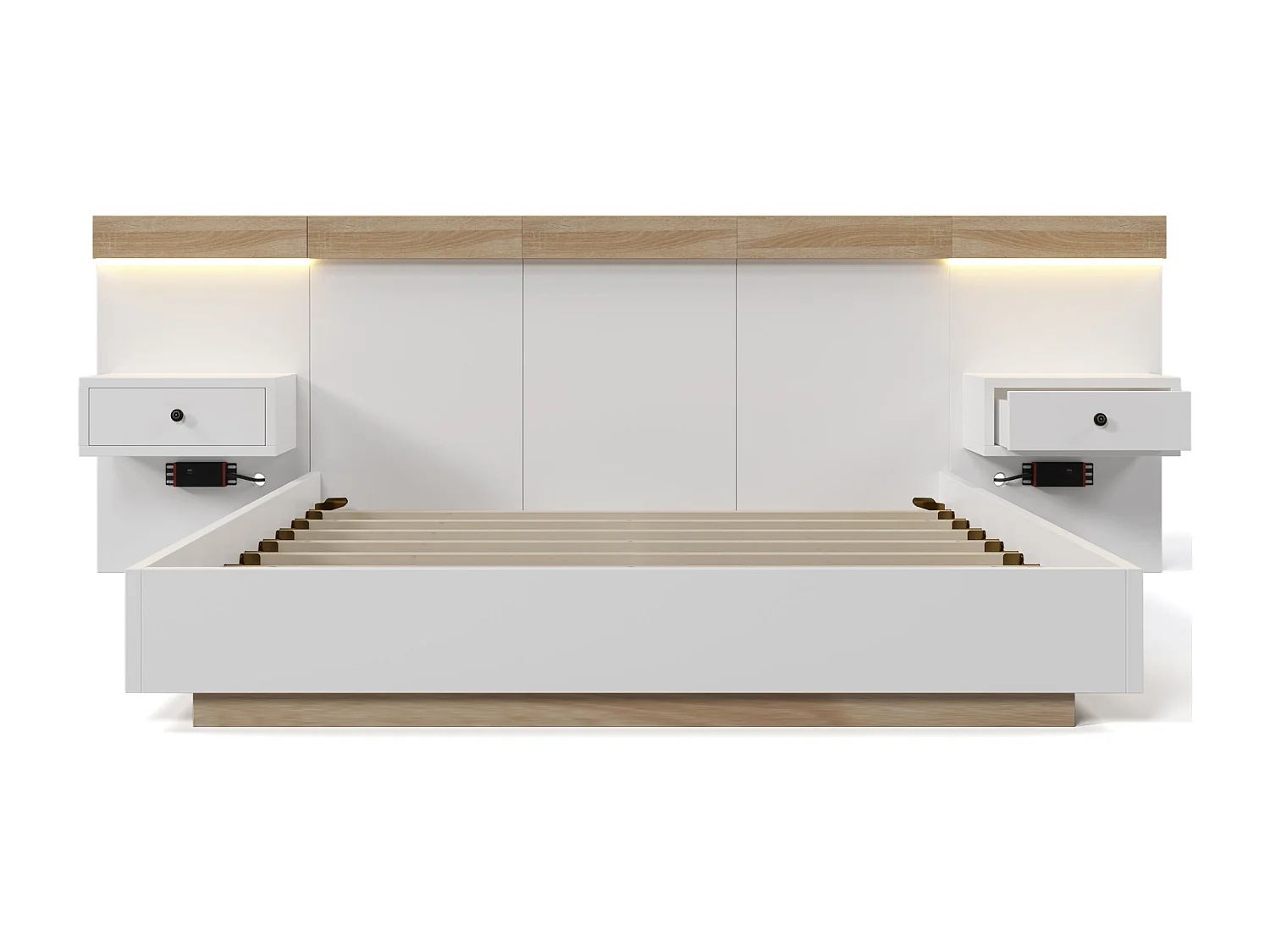 Lit double 160x200 cm avec 2 tables de chevet LED et prises USB C, bois, chêne Sonoma et blanc (Sans matelas)