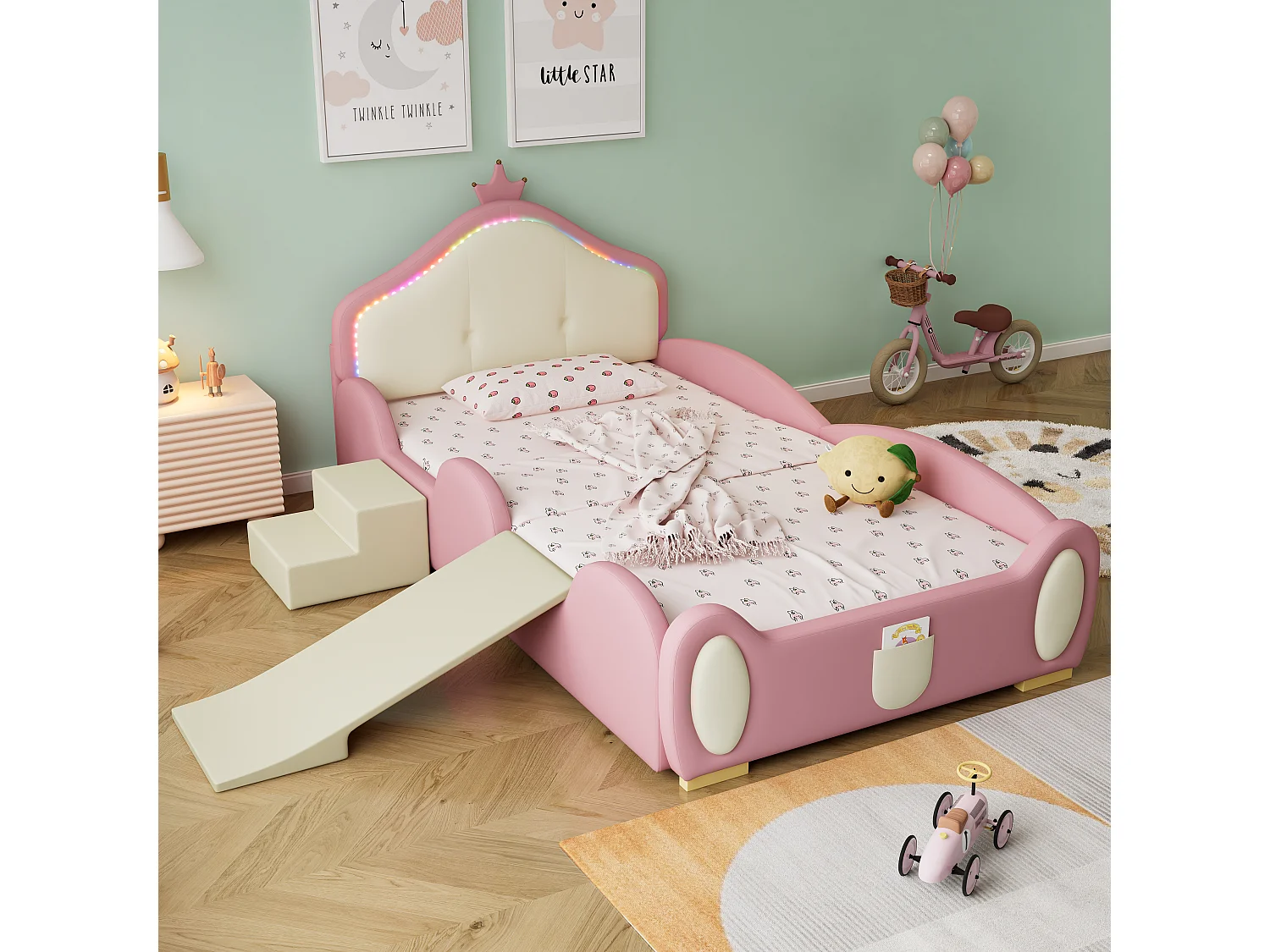 Lit enfant 90x200 cm avec LED multimode, avec toboggan et escalier, avec bords souples, en PU, rose beige (Sans matelas)