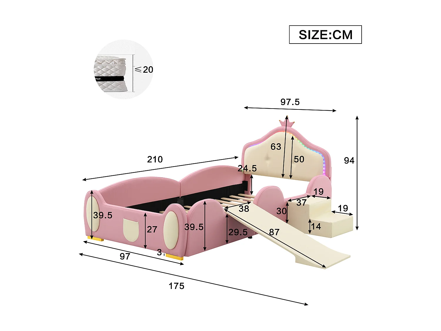 Lit enfant 90x200 cm avec LED multimode, avec toboggan et escalier, avec bords souples, en PU, rose beige (Sans matelas)