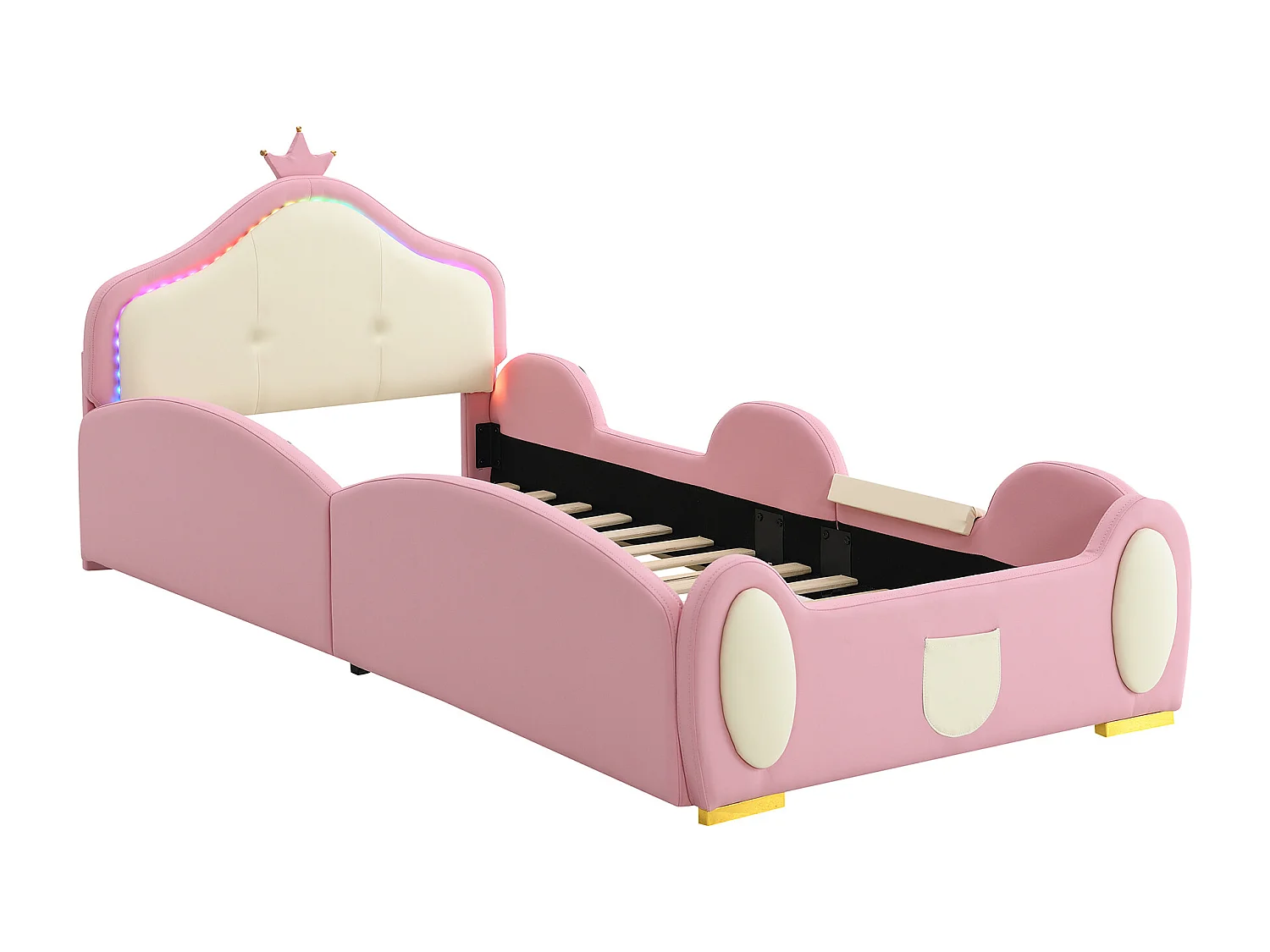 Lit enfant 90x200 cm avec LED multimode, avec toboggan et escalier, avec bords souples, en PU, rose beige (Sans matelas)