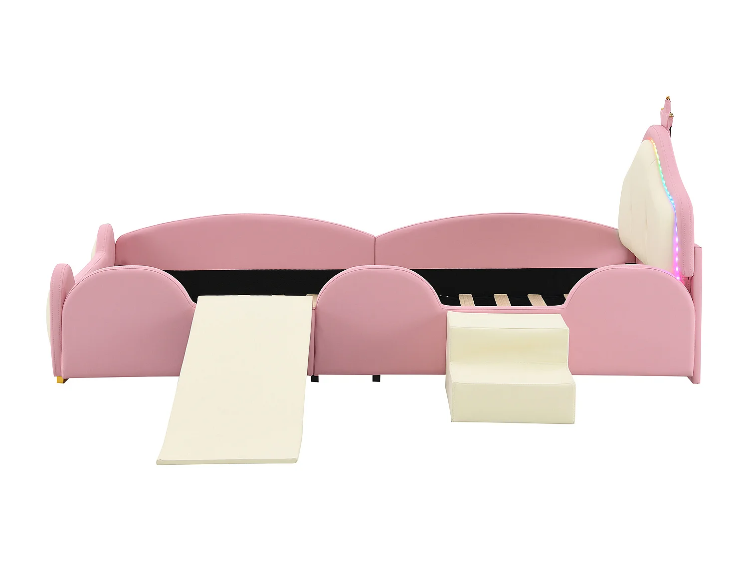 Lit enfant 90x200 cm avec LED multimode, avec toboggan et escalier, avec bords souples, en PU, rose beige (Sans matelas)