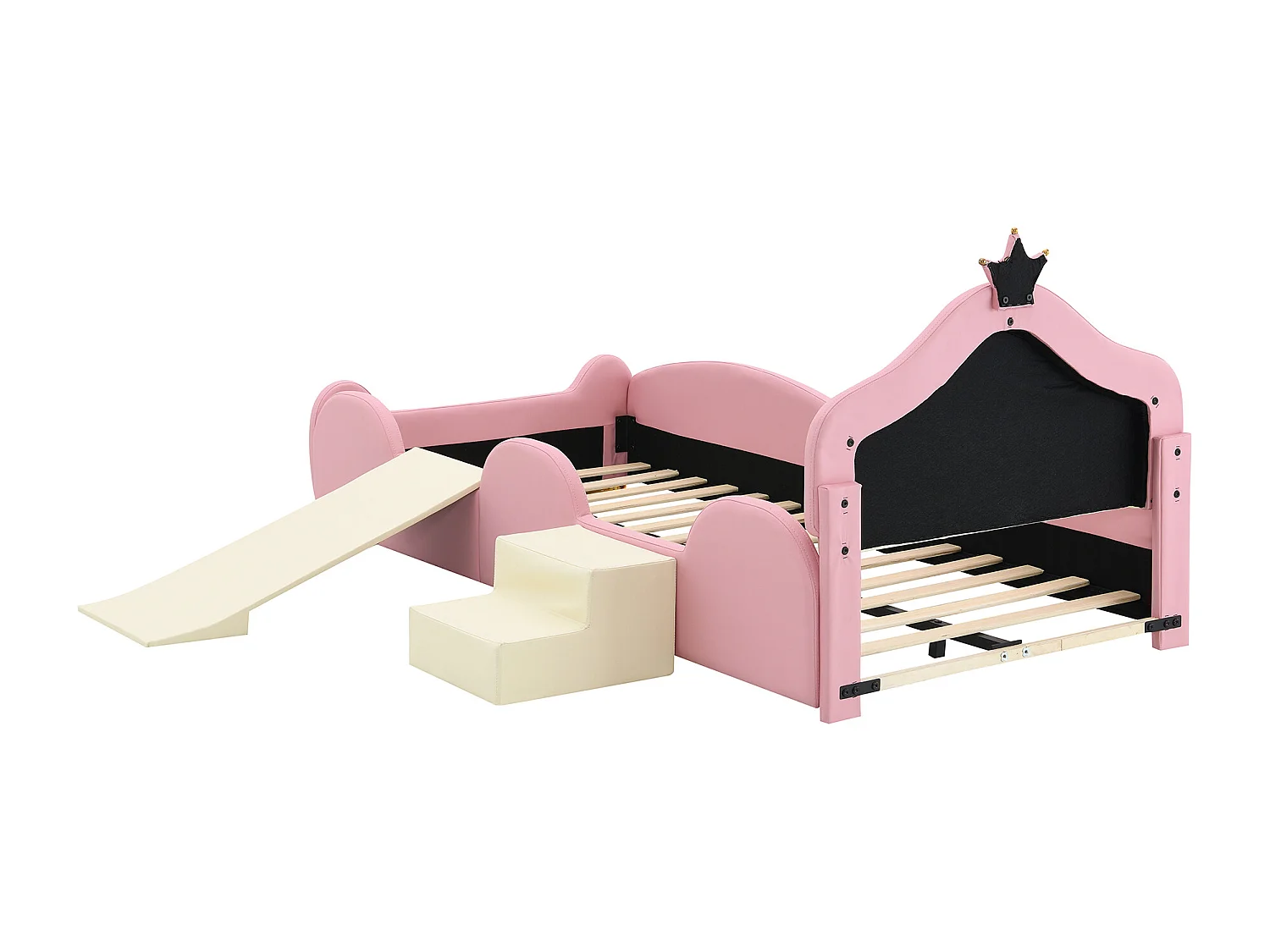 Lit enfant 90x200 cm avec LED multimode, avec toboggan et escalier, avec bords souples, en PU, rose beige (Sans matelas)