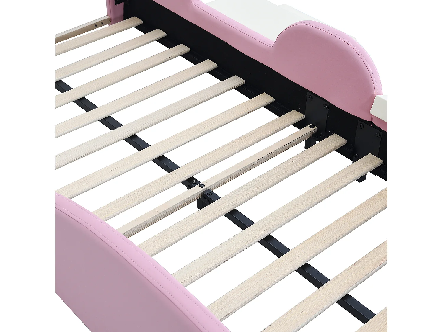Lit enfant 90x200 cm avec LED multimode, avec toboggan et escalier, avec bords souples, en PU, rose beige (Sans matelas)