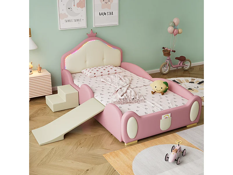 Lit enfant 90x200cm rembourré style cartoon, structure stable et montage autonome, PU Rose Sans matelas