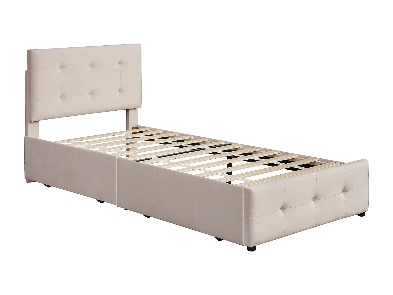 Lit enfant 90x200cm avec sommier à lattes et une tête de lit et deux tiroirs beige pour enfants et adolescents