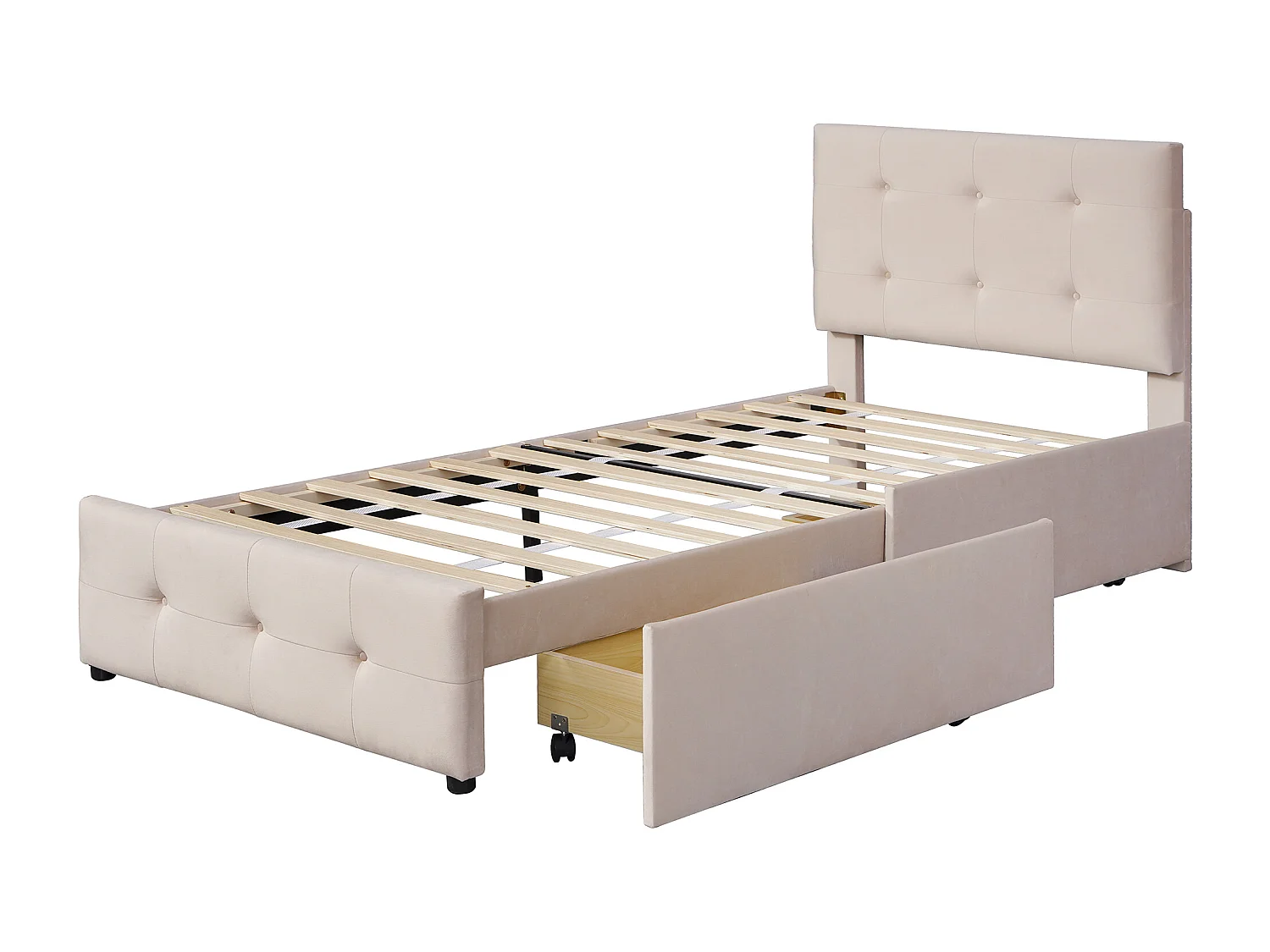 Lit simple 90x200 cm avec sommier à lattes, tiroir de rangement et tête de lit en velours beige (Sans matelas)
