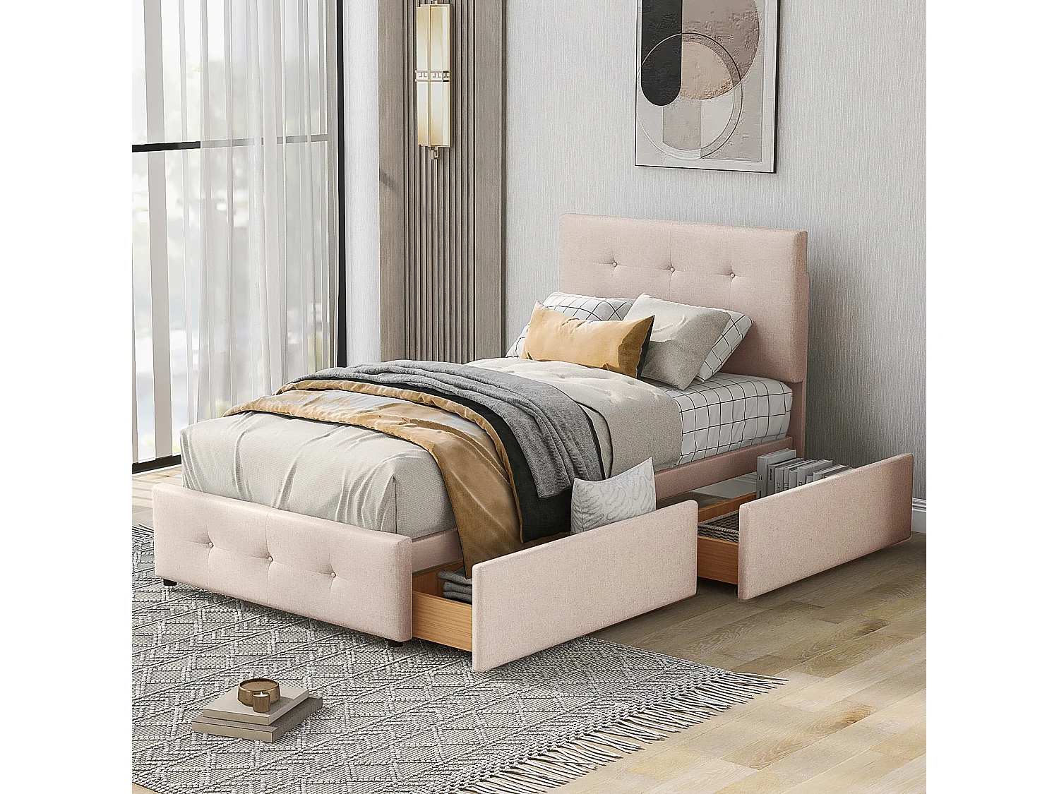 Lit simple 90x200 cm avec sommier à lattes, tiroir de rangement et tête de lit en velours beige (Sans matelas)