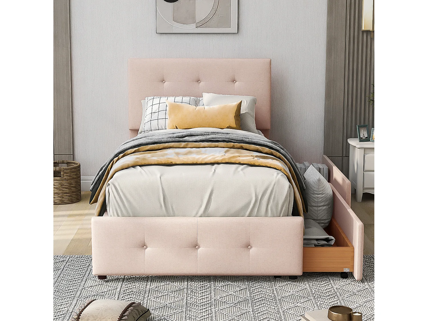 Lit simple 90x200 cm avec sommier à lattes, tiroir de rangement et tête de lit en velours beige (Sans matelas)