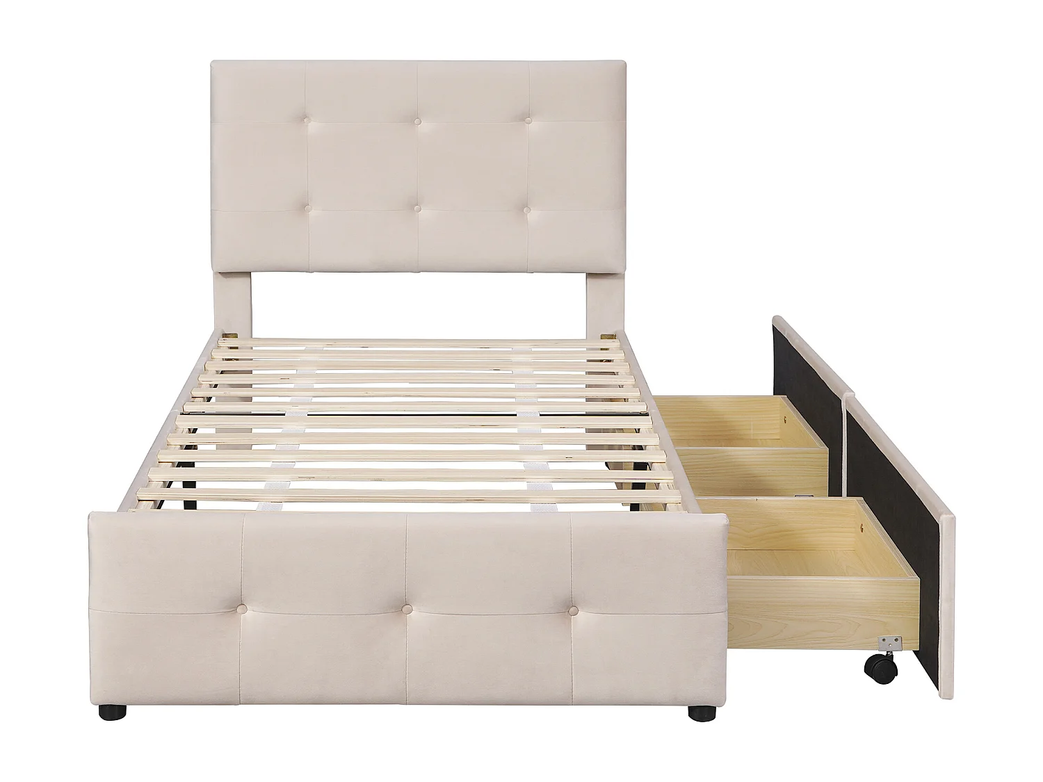 Lit simple 90x200 cm avec sommier à lattes, tiroir de rangement et tête de lit en velours beige (Sans matelas)