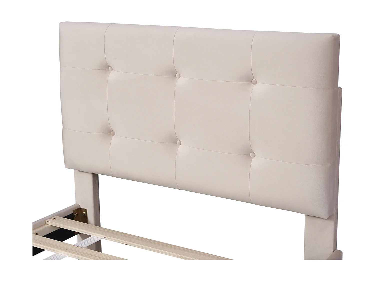 Lit simple 90x200 cm avec sommier à lattes, tiroir de rangement et tête de lit en velours beige (Sans matelas)