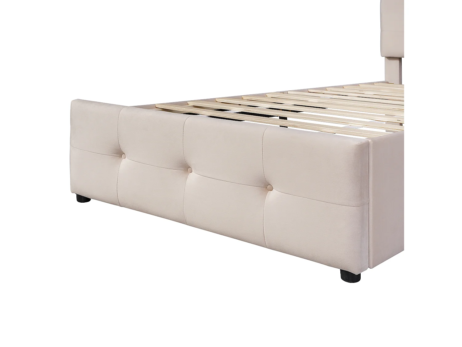 Lit simple 90x200 cm avec sommier à lattes, tiroir de rangement et tête de lit en velours beige (Sans matelas)