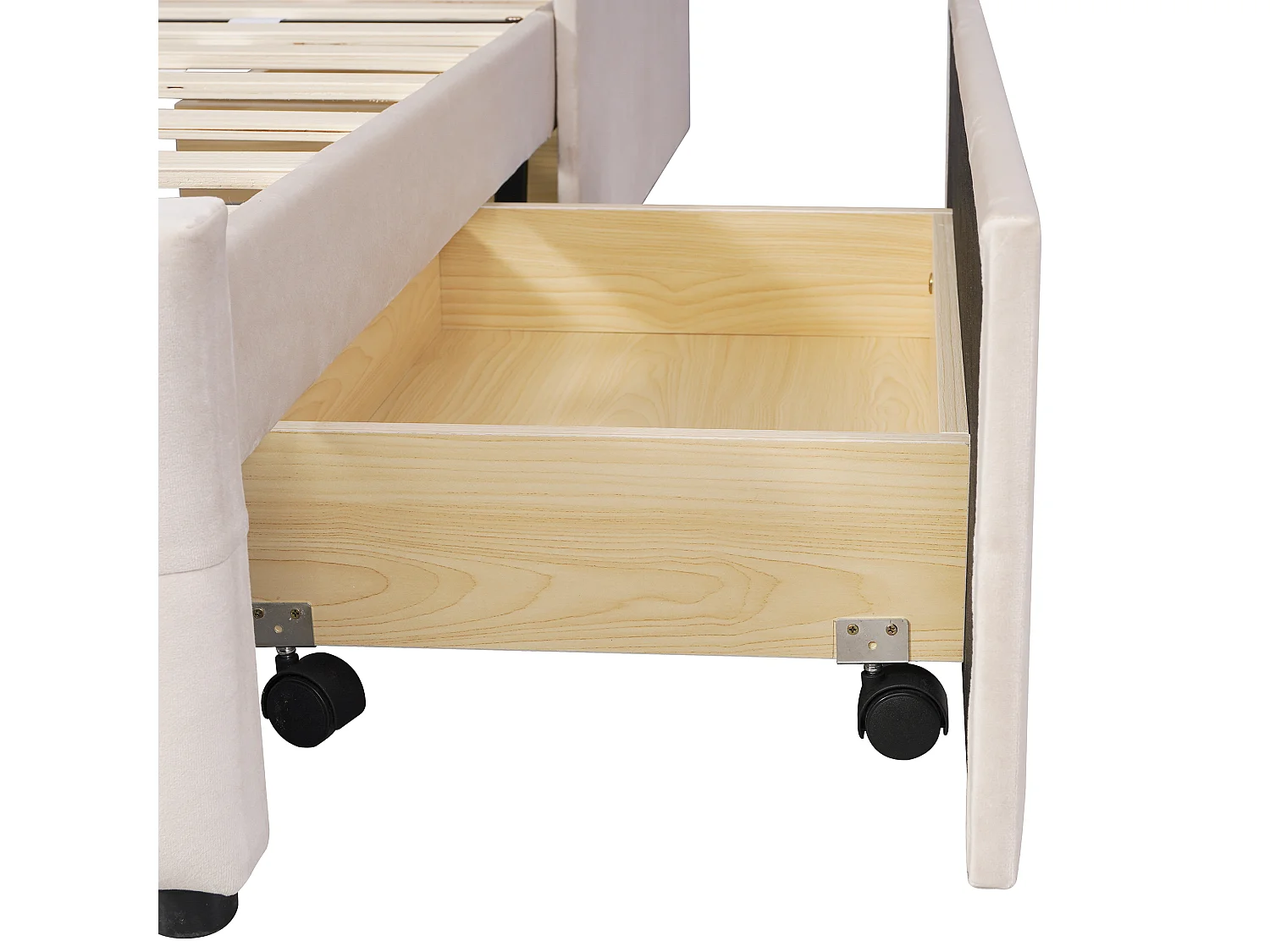 Lit simple 90x200 cm avec sommier à lattes, tiroir de rangement et tête de lit en velours beige (Sans matelas)