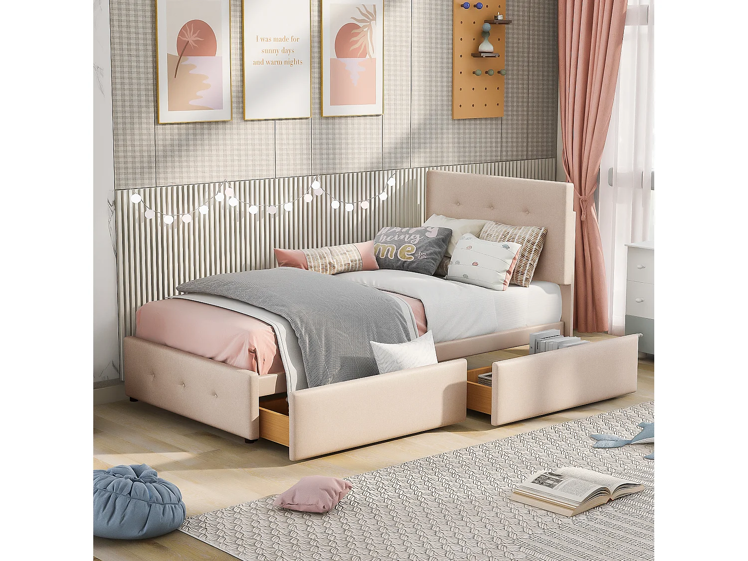 Lit simple 90x200 cm avec sommier à lattes, tiroir de rangement et tête de lit en velours beige (Sans matelas)