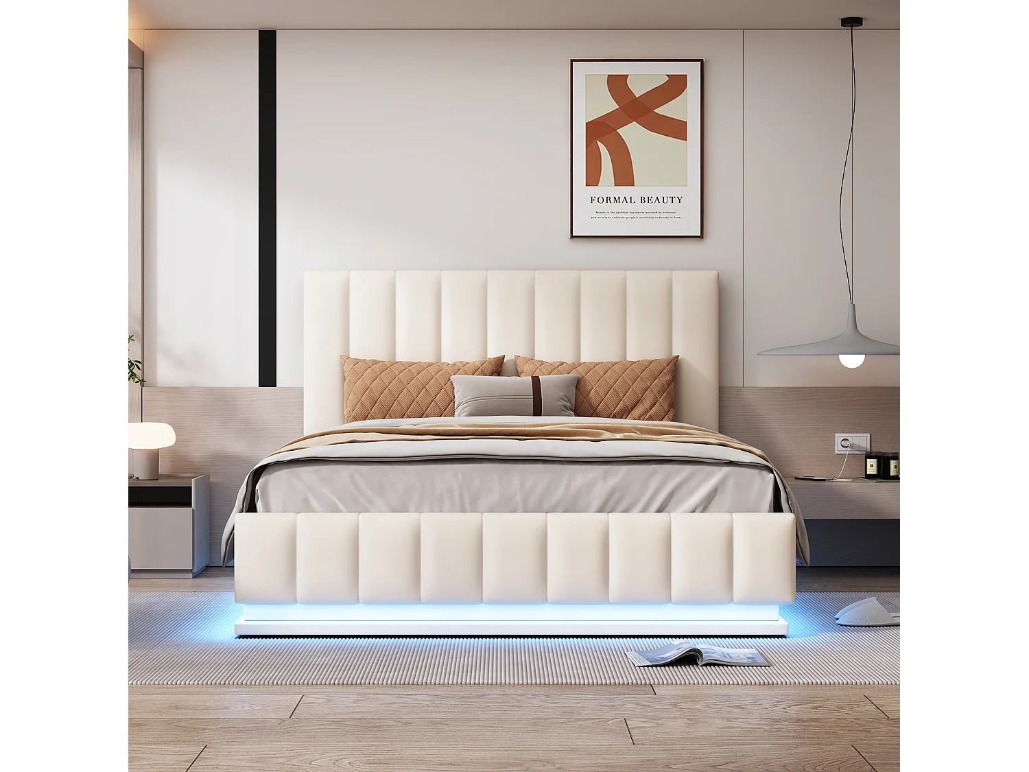 Lit double 140x200cm avec LED Tête de lit capitonnée réglable Espace de rangement en blanc pour adultes et adolescents