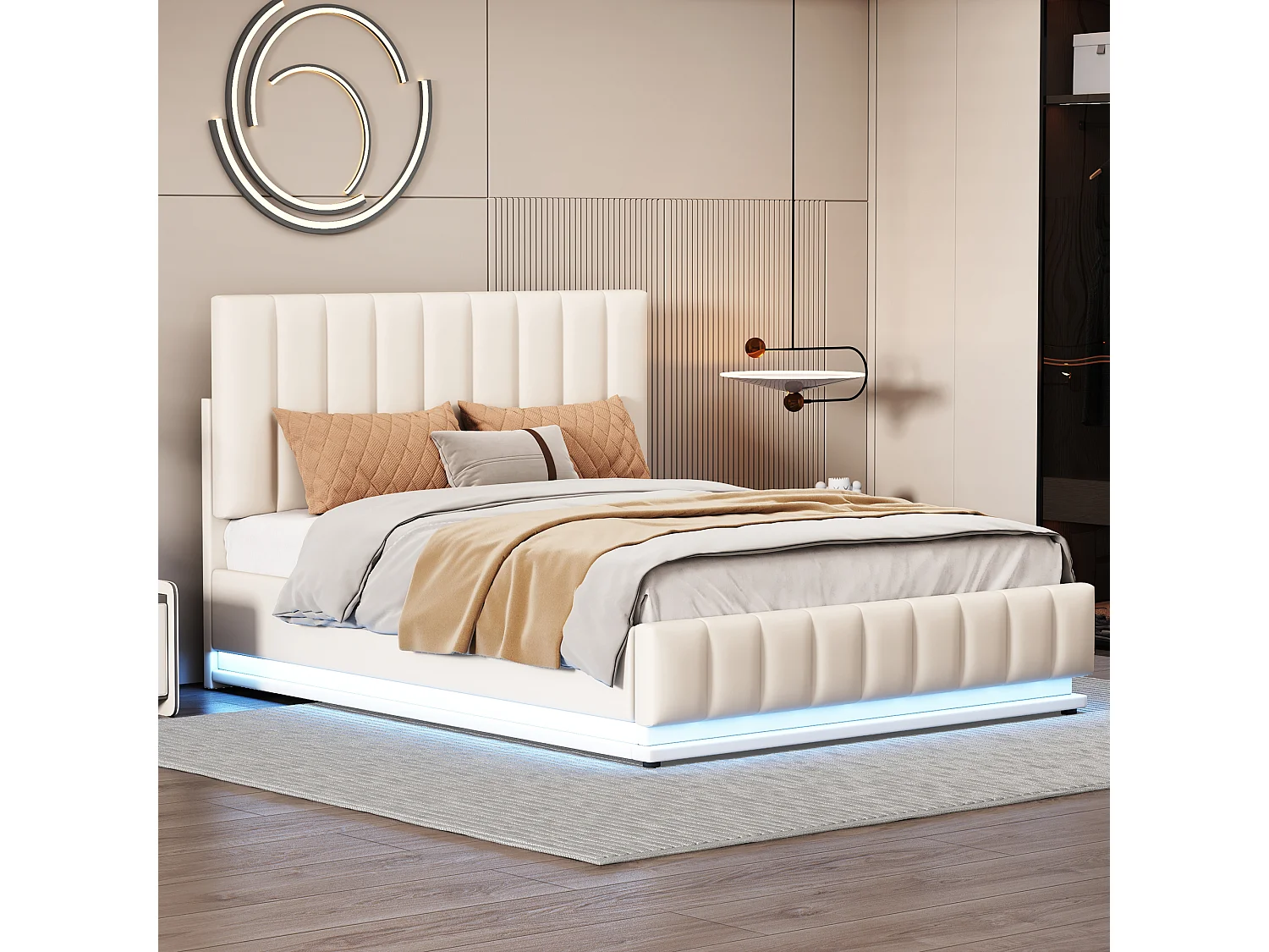 Lit double 140x200 cm avec LED, rangement hydraulique et sommier à lattes en métal, similicuir rembourré blanc (Sans matelas)