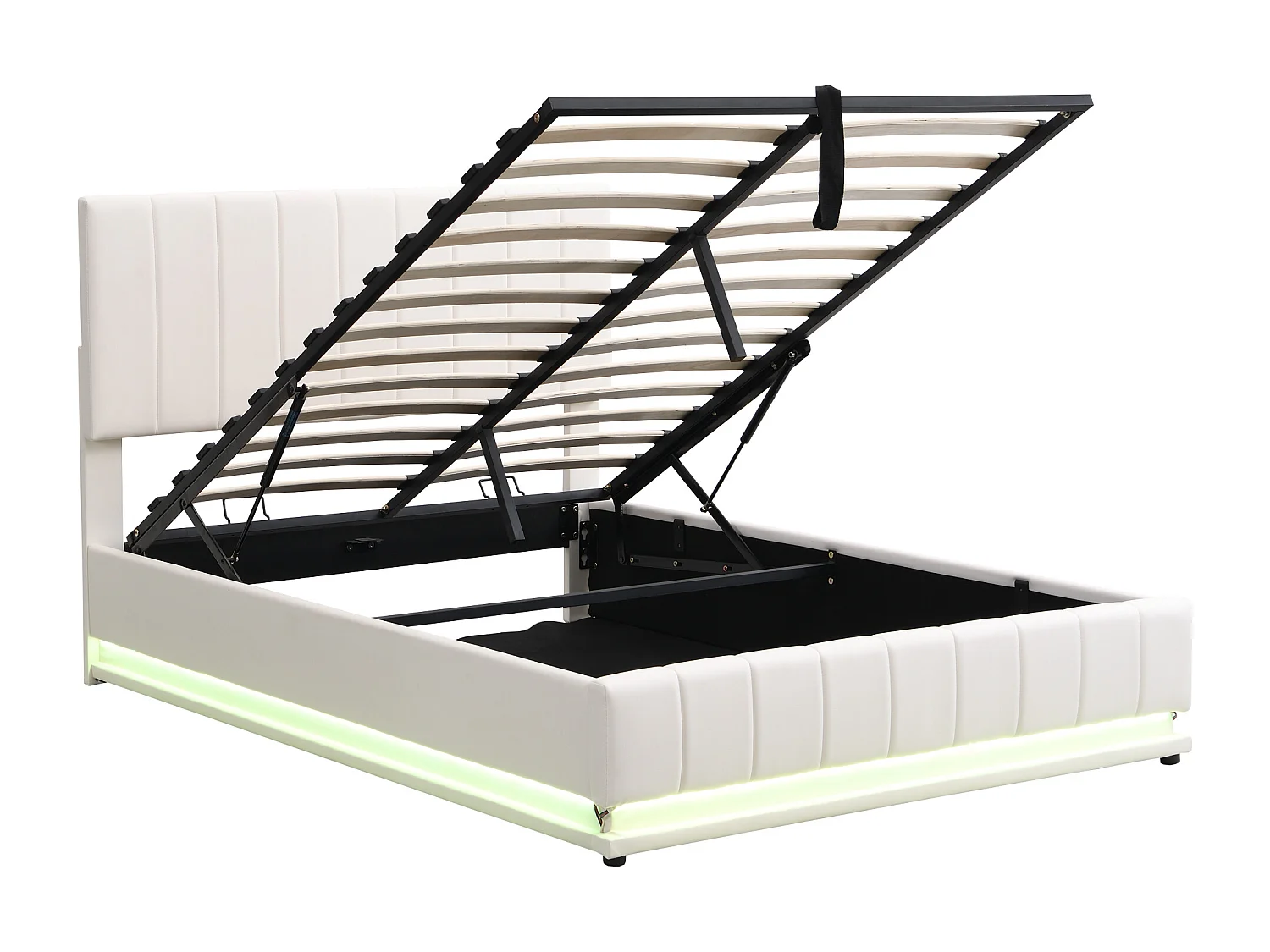 Lit double 140x200 cm avec LED, rangement hydraulique et sommier à lattes en métal, similicuir rembourré blanc (Sans matelas)