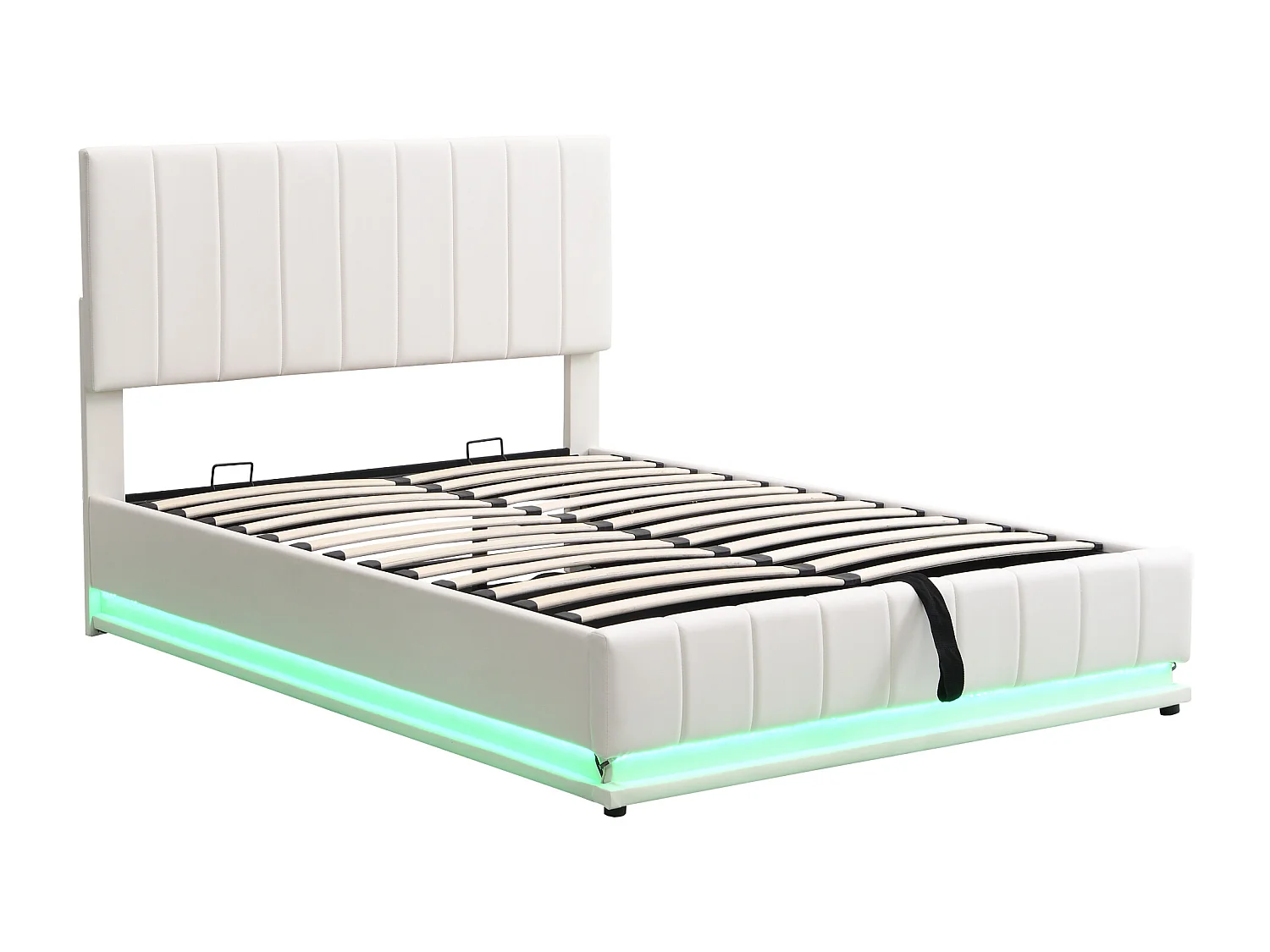 Lit double 140x200 cm avec LED, rangement hydraulique et sommier à lattes en métal, similicuir rembourré blanc (Sans matelas)