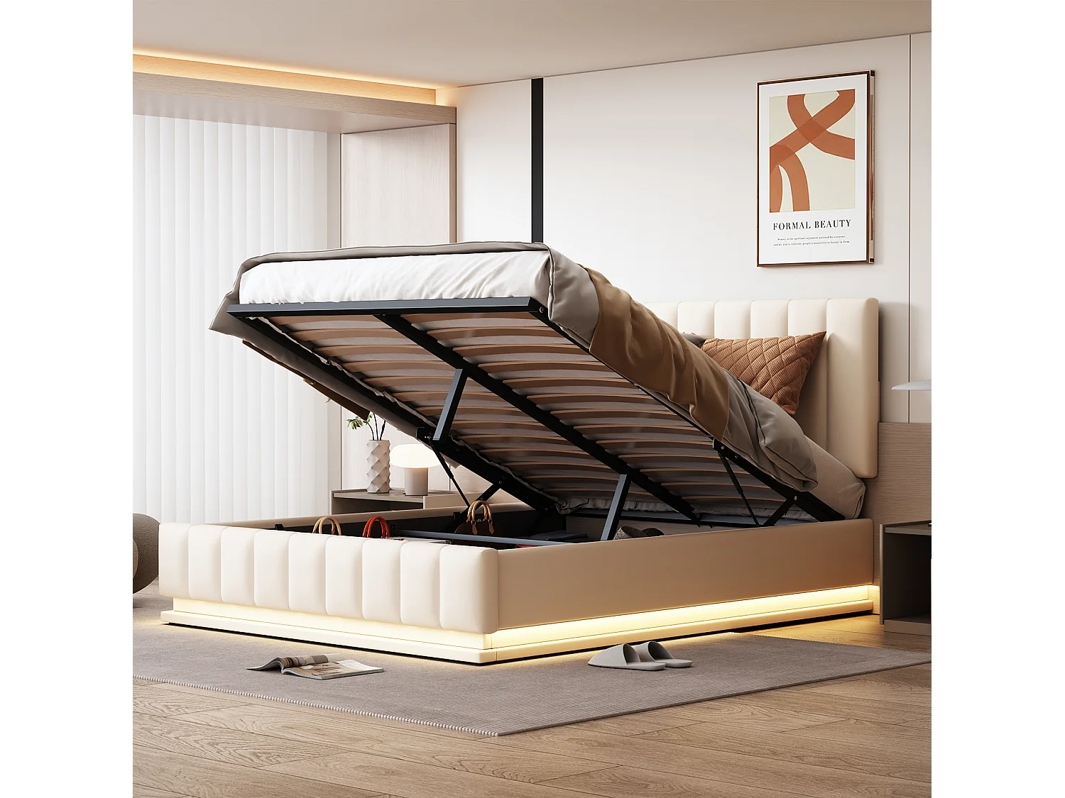 Lit double 140x200 cm avec LED, rangement hydraulique et sommier à lattes en métal, similicuir rembourré blanc (Sans matelas)