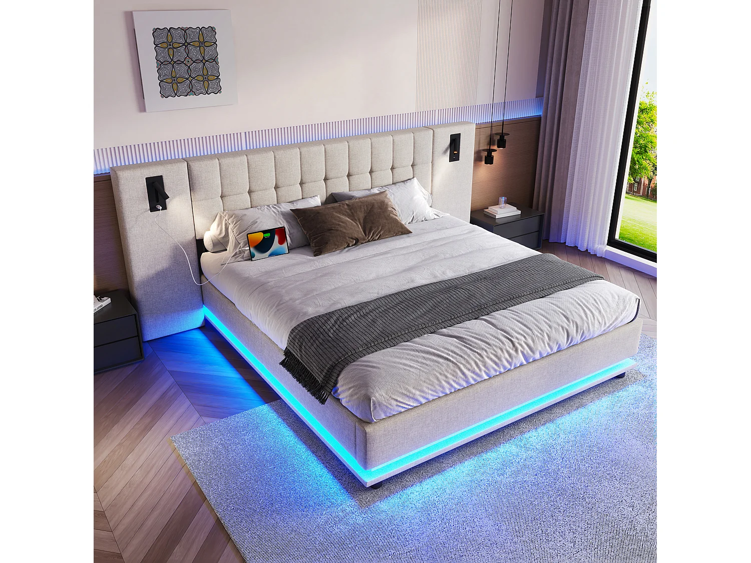 Lit double 180x200 cm avec bande LED multicolore, avec spot et port USB, lin, beige (Sans matelas)