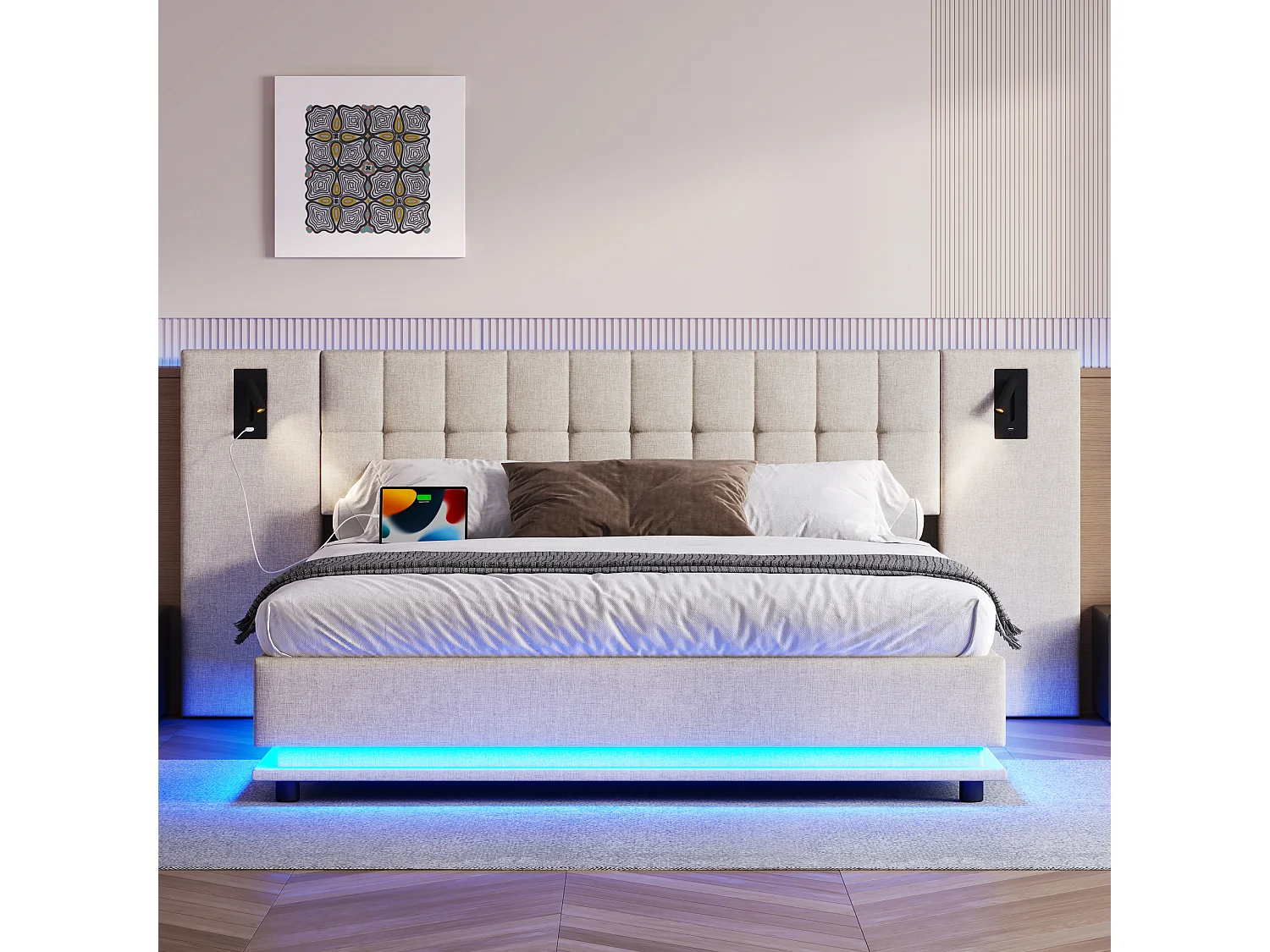 Lit double 180x200 cm avec bande LED multicolore, avec spot et port USB, lin, beige (Sans matelas)