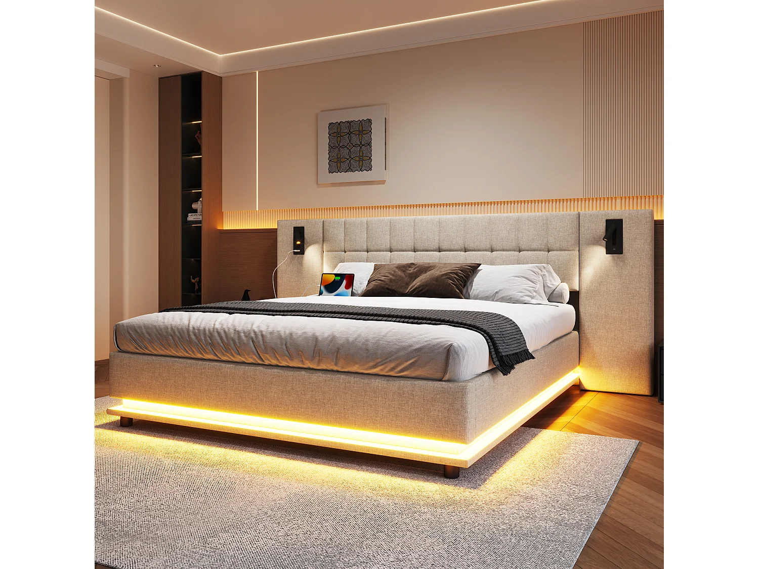 Lit double 180x200 cm avec bande LED multicolore, avec spot et port USB, lin, beige (Sans matelas)