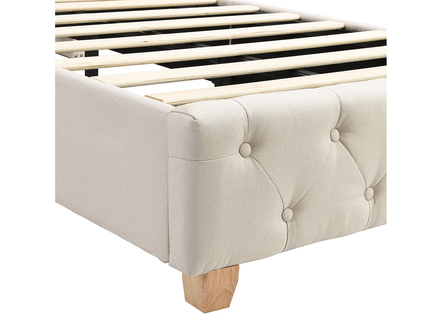 Lit simple 90x200 cm avec tête de lit capitonnée et sommier à lattes en lin beige (Sans matelas)
