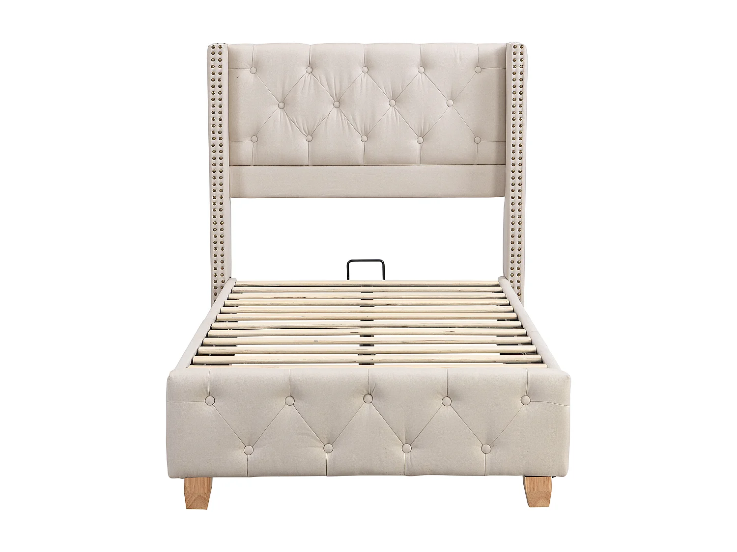 Lit simple 90x200 cm avec tête de lit capitonnée et sommier à lattes en lin beige (Sans matelas)