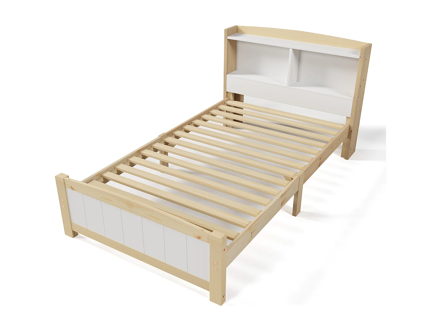 Lit simple 90x200 cm avec tête de lit de rangement et matelas à ressorts, sommier à lattes en bois blanc (Avec matelas)