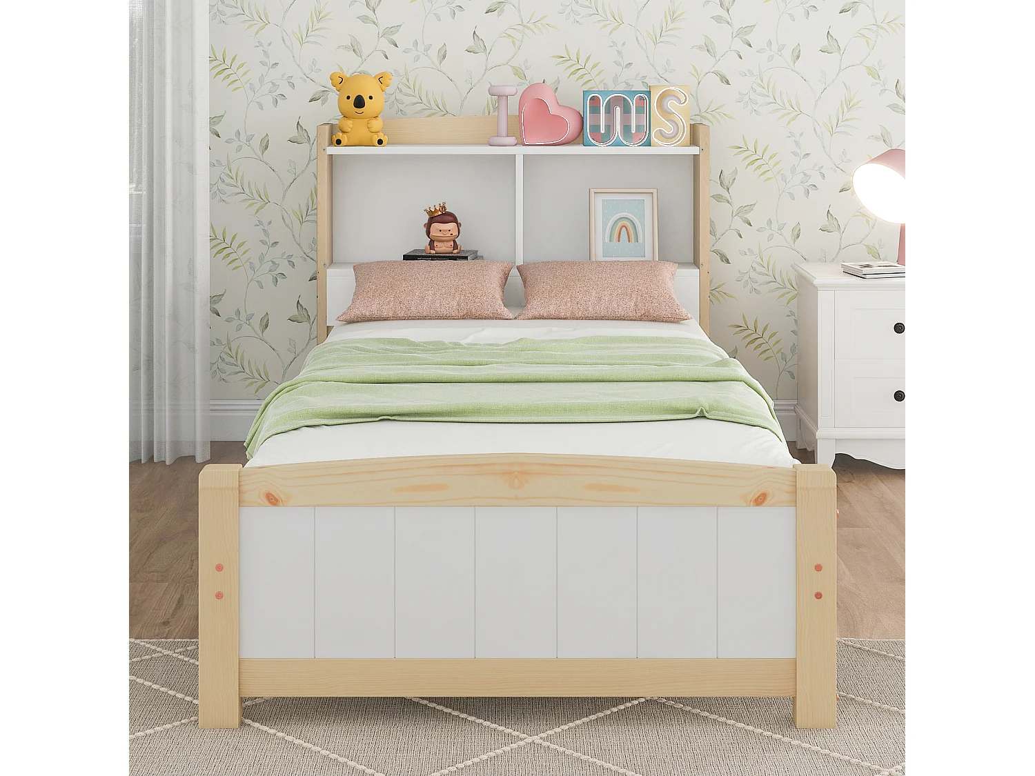 Lit simple 90x200 cm avec tête de lit de rangement et matelas à ressorts, sommier à lattes en bois blanc (Avec matelas)