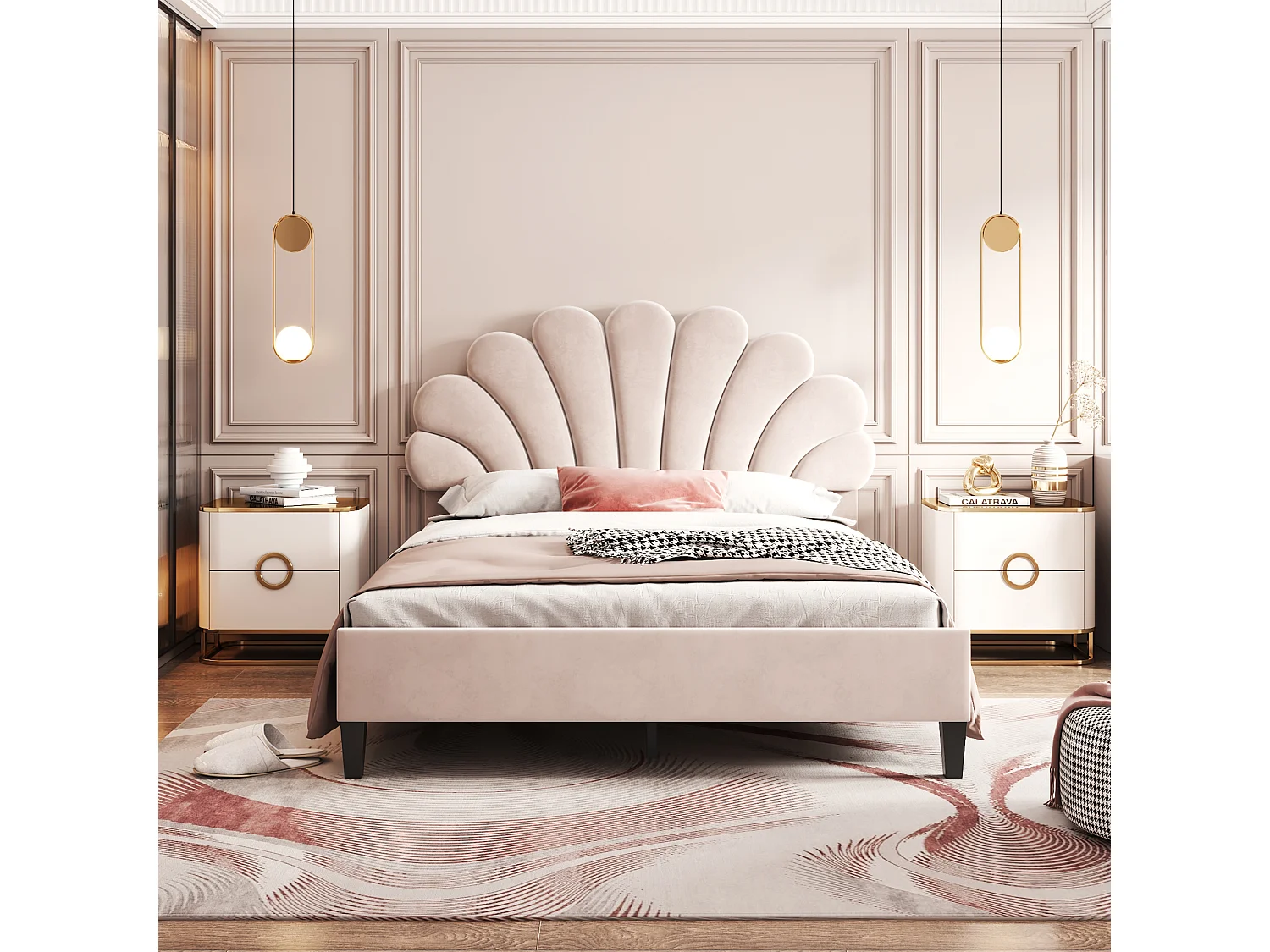 Lit double 140x200 cm avec tête de lit fleurie et sommier à lattes velours beige (Sans matelas)