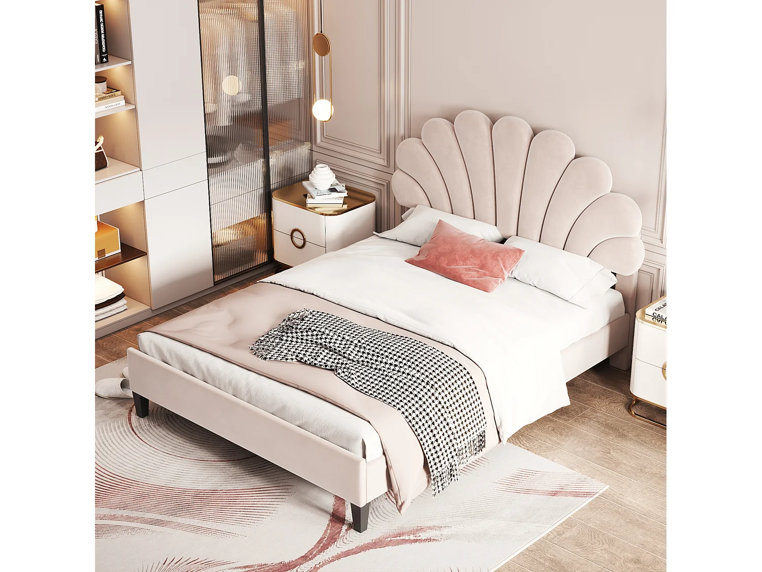 Lit double 140x200 cm avec tête de lit fleurie et sommier à lattes velours beige (Sans matelas)