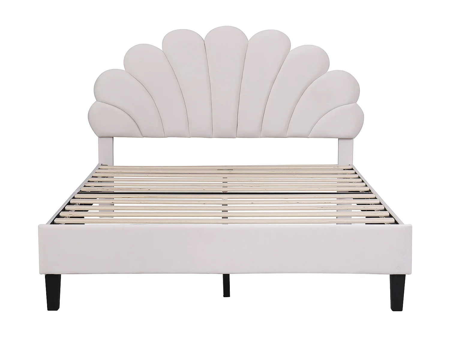 Lit double 140x200 cm avec tête de lit fleurie et sommier à lattes velours beige (Sans matelas)