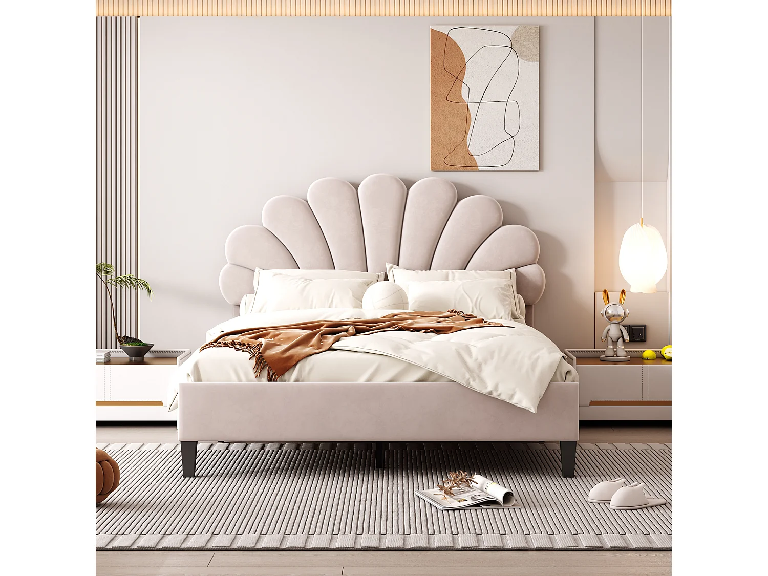 Lit double 140x200 cm avec tête de lit fleurie et sommier à lattes velours beige (Sans matelas)