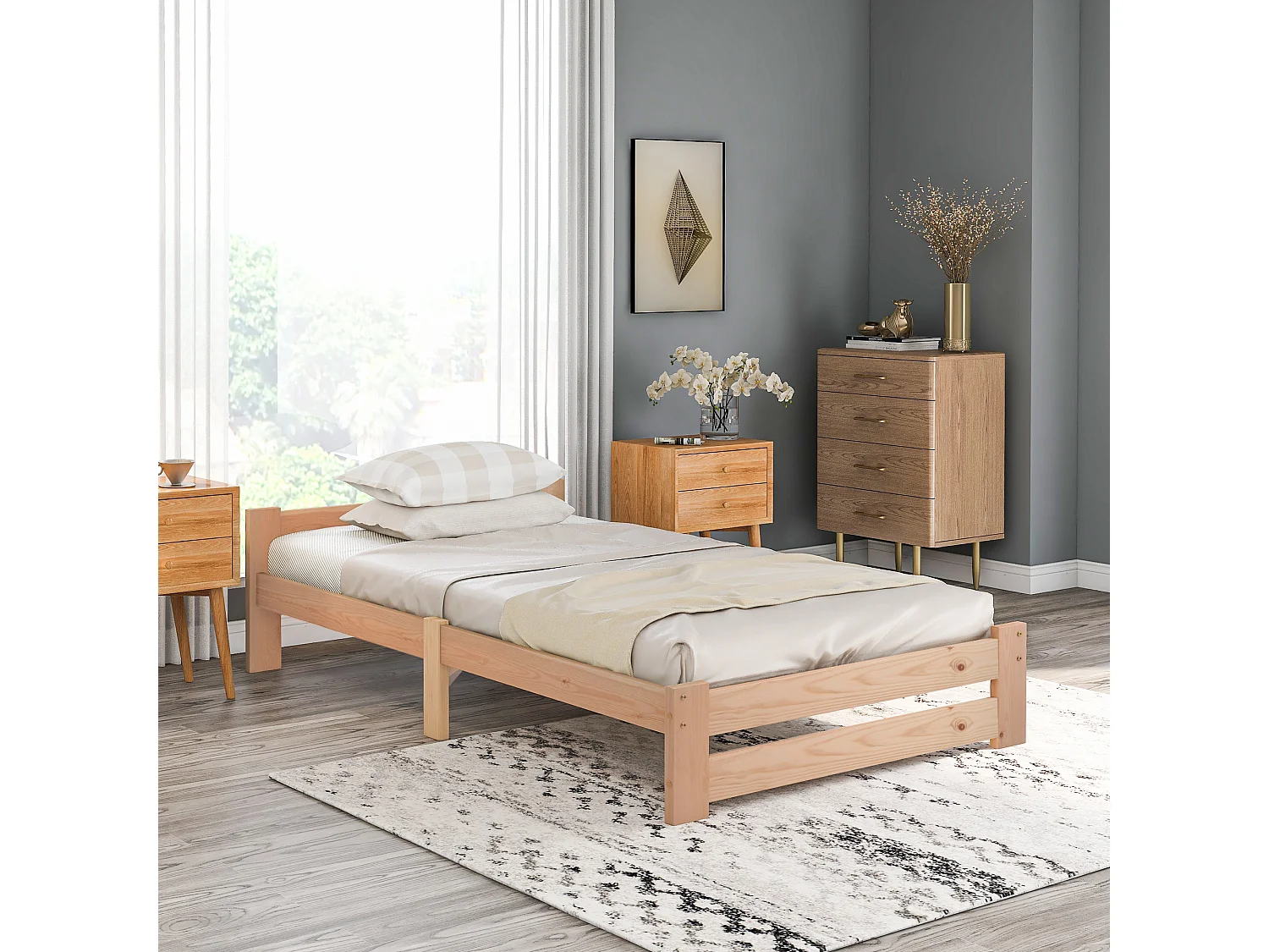 Lit simple 90x200 cm avec tête de lit et lattes intégrées, structure stable en bois naturel (Sans matelas)