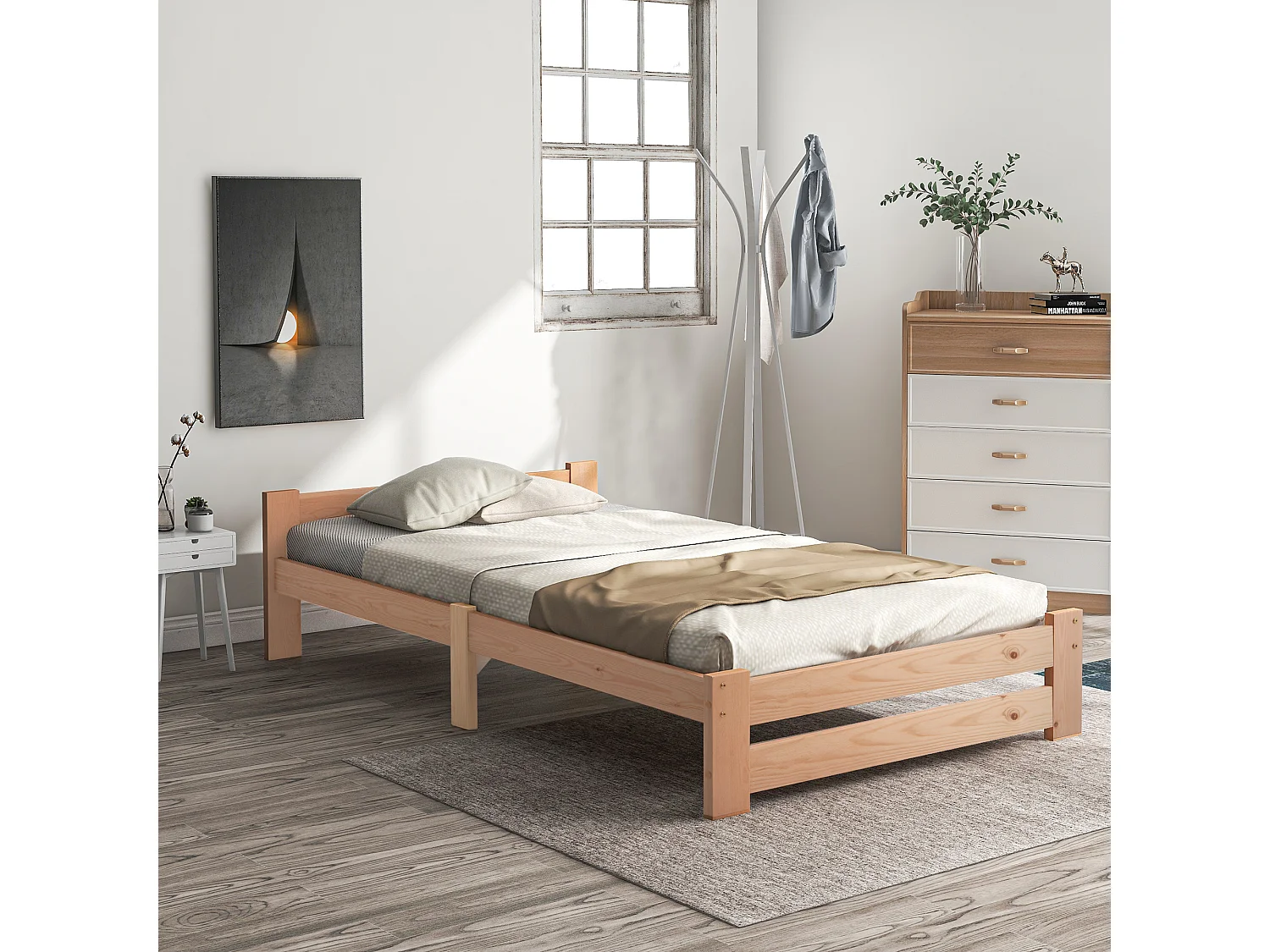 Lit simple 90x200 cm avec tête de lit et lattes intégrées, structure stable en bois naturel (Sans matelas)