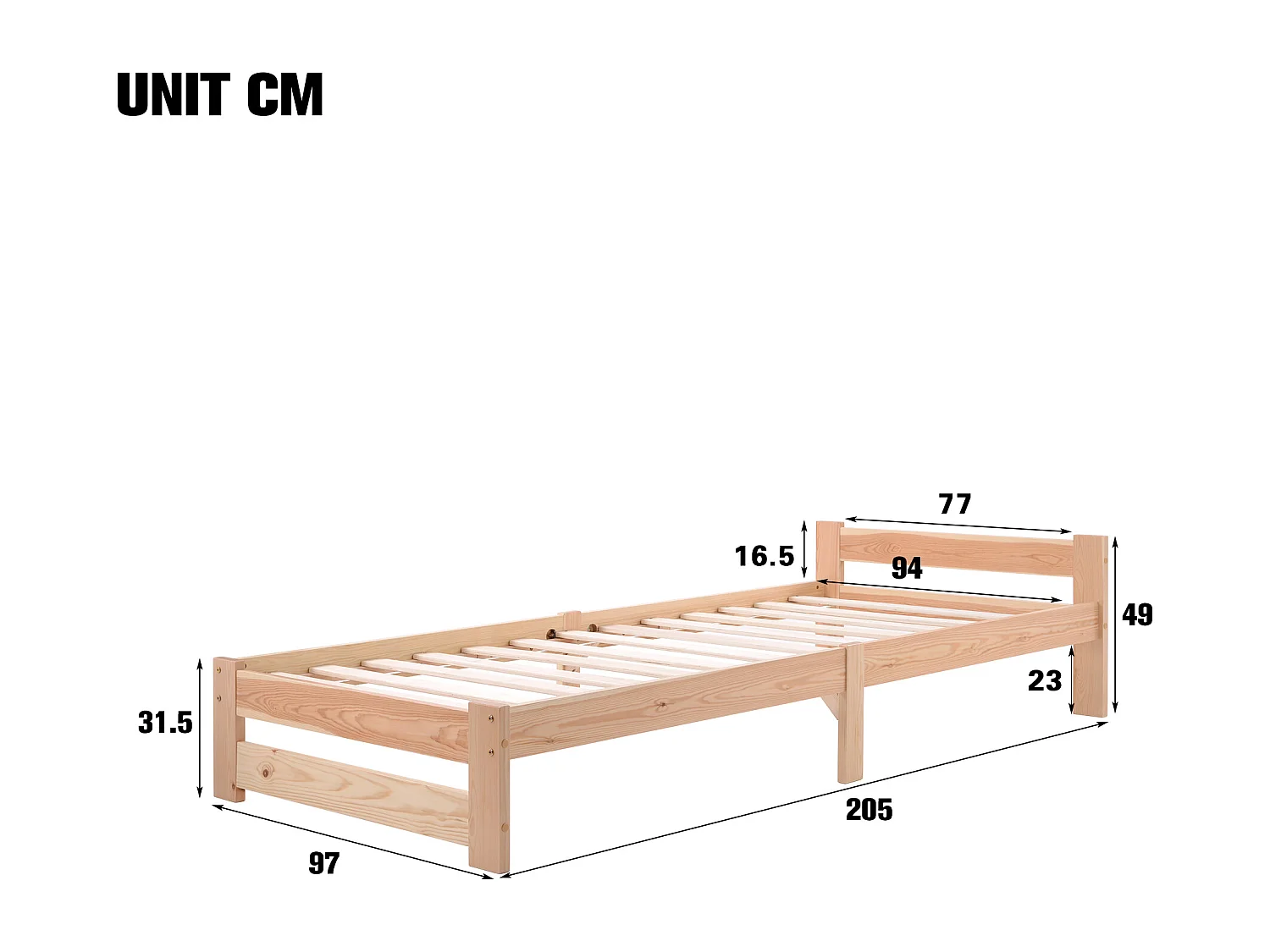 Lit simple 90x200 cm avec tête de lit et lattes intégrées, structure stable en bois naturel (Sans matelas)