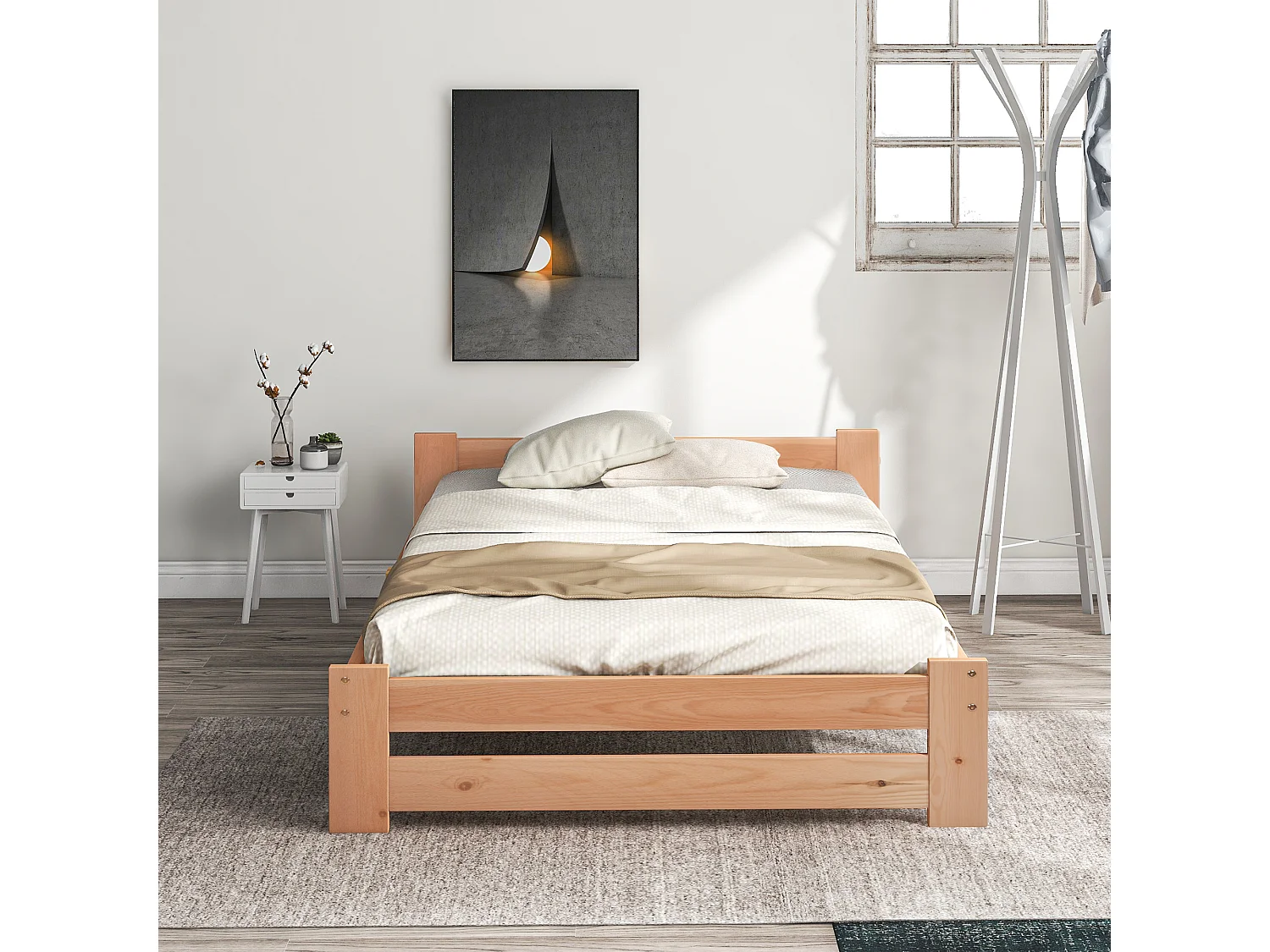 Lit simple 90x200 cm avec tête de lit et lattes intégrées, structure stable en bois naturel (Sans matelas)