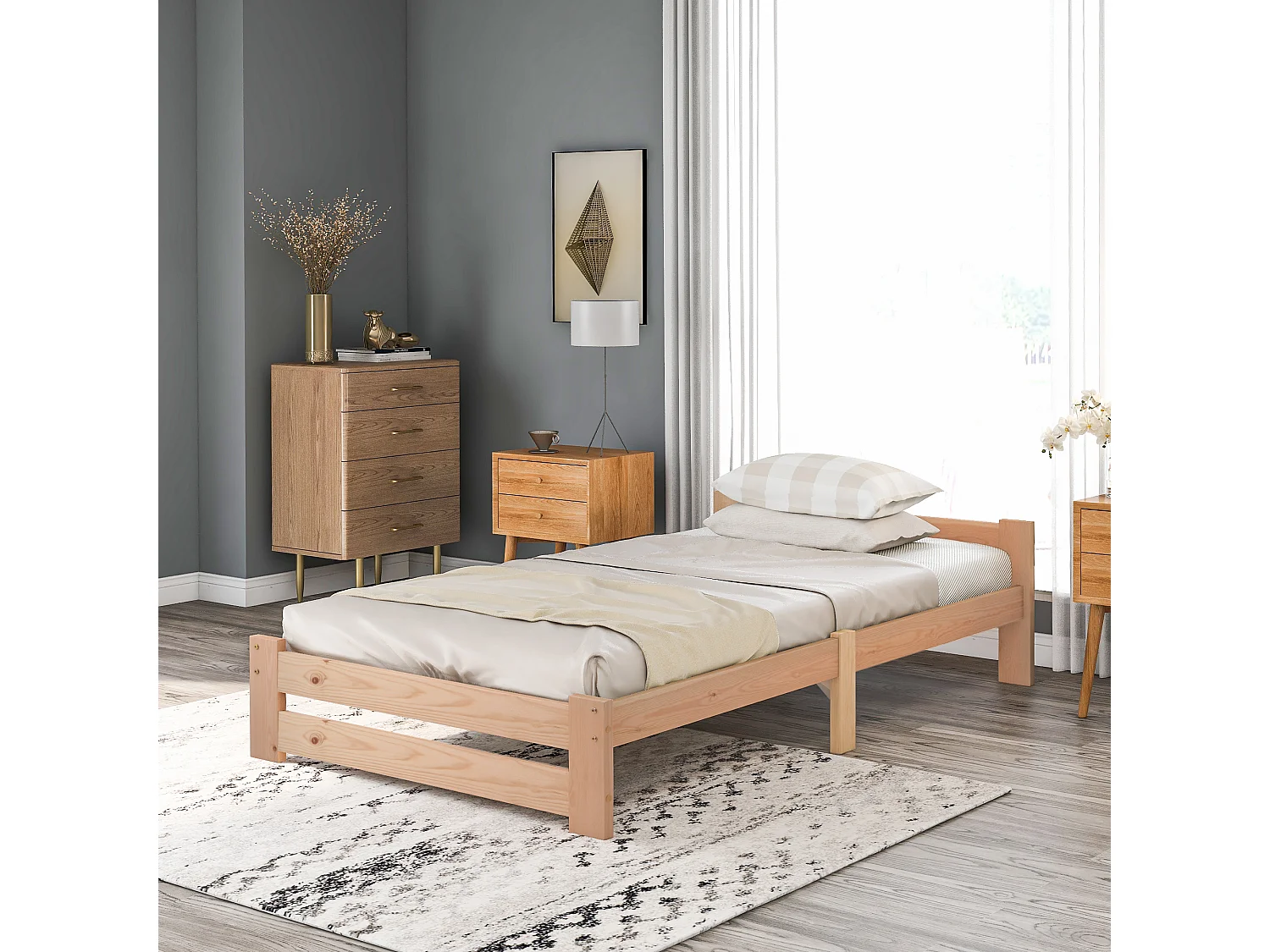 Lit simple 90x200 cm avec tête de lit et lattes intégrées, structure stable en bois naturel (Sans matelas)