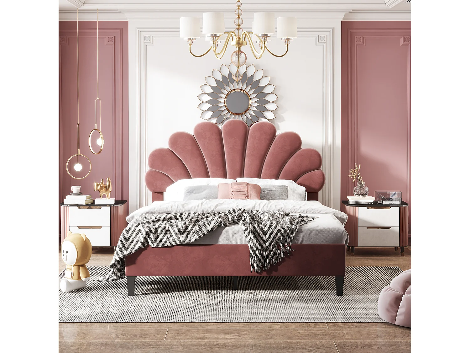 Lit double 140x200cm avec tête de lit en forme de fleur et sommier à lattes Panneaux de particules en rouges pour adultes et adolescents