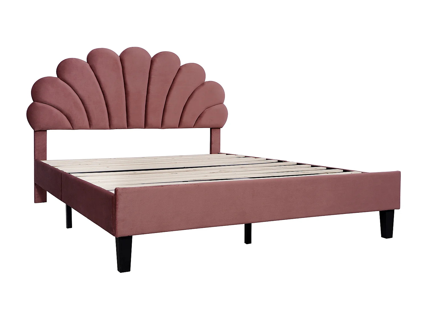 Lit double 140x200 cm, avec tête de lit fleur et sommier à lattes, tapissé velours rouge haricot (Sans matelas)