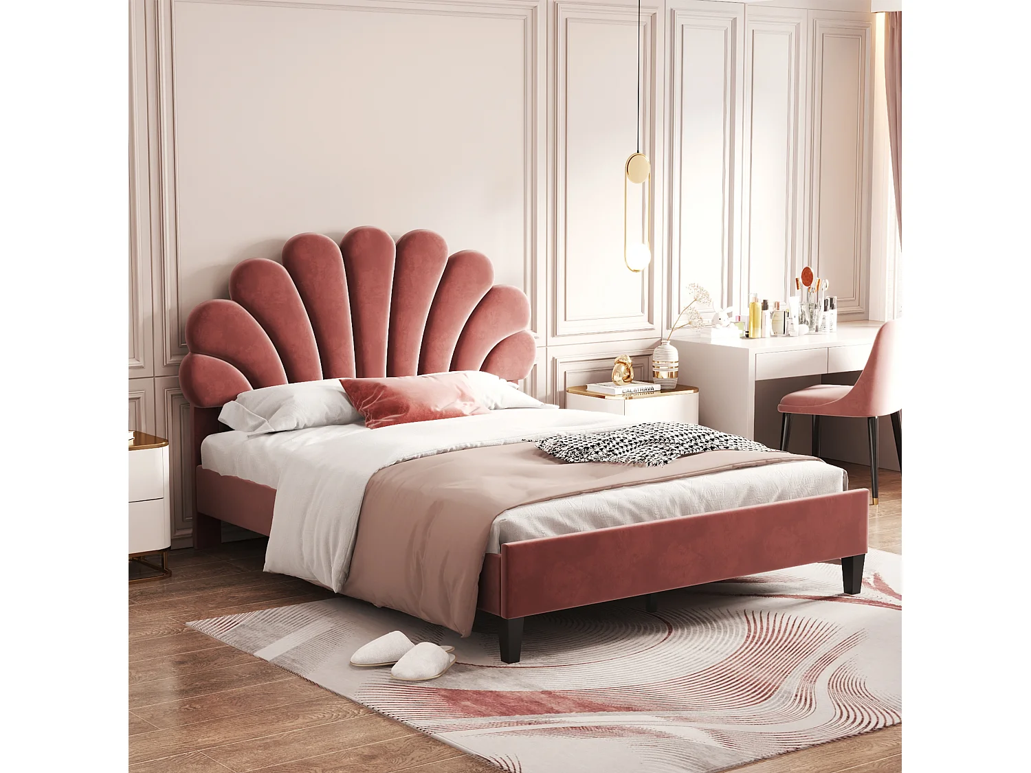 Lit double 140x200 cm, avec tête de lit fleur et sommier à lattes, tapissé velours rouge haricot (Sans matelas)