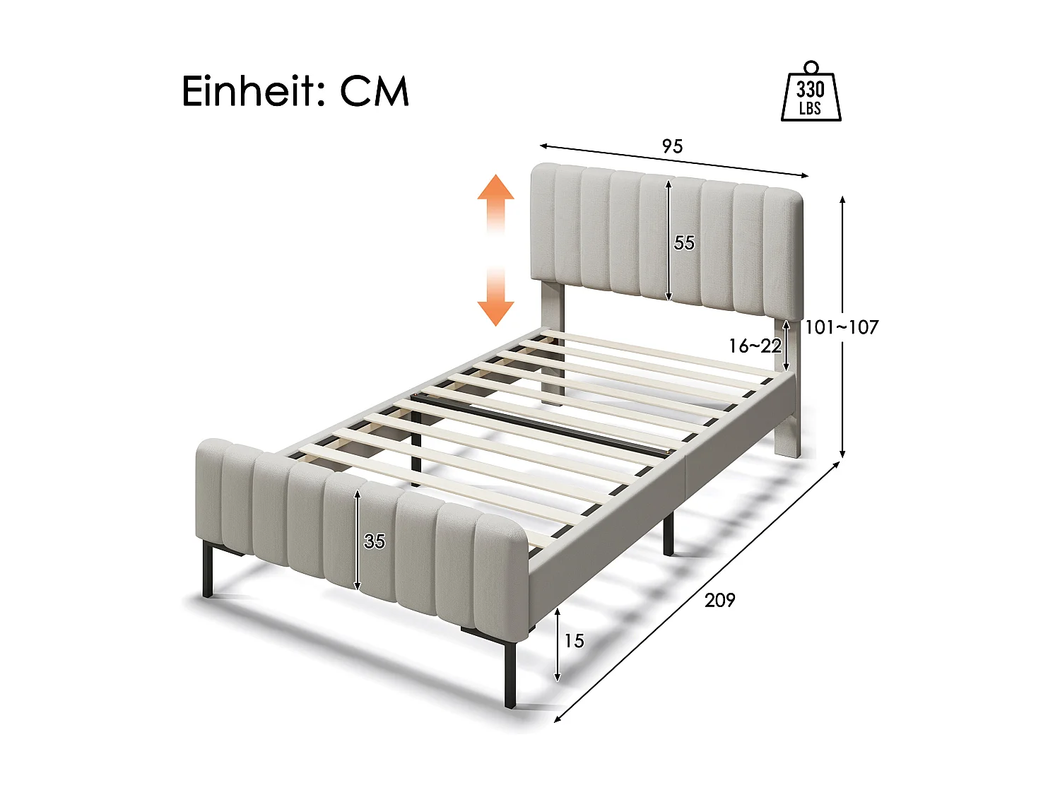 Lit enfant 90x200 cm avec sommier -tête de lit réglable en hauteur - lin beige (sans matelas)