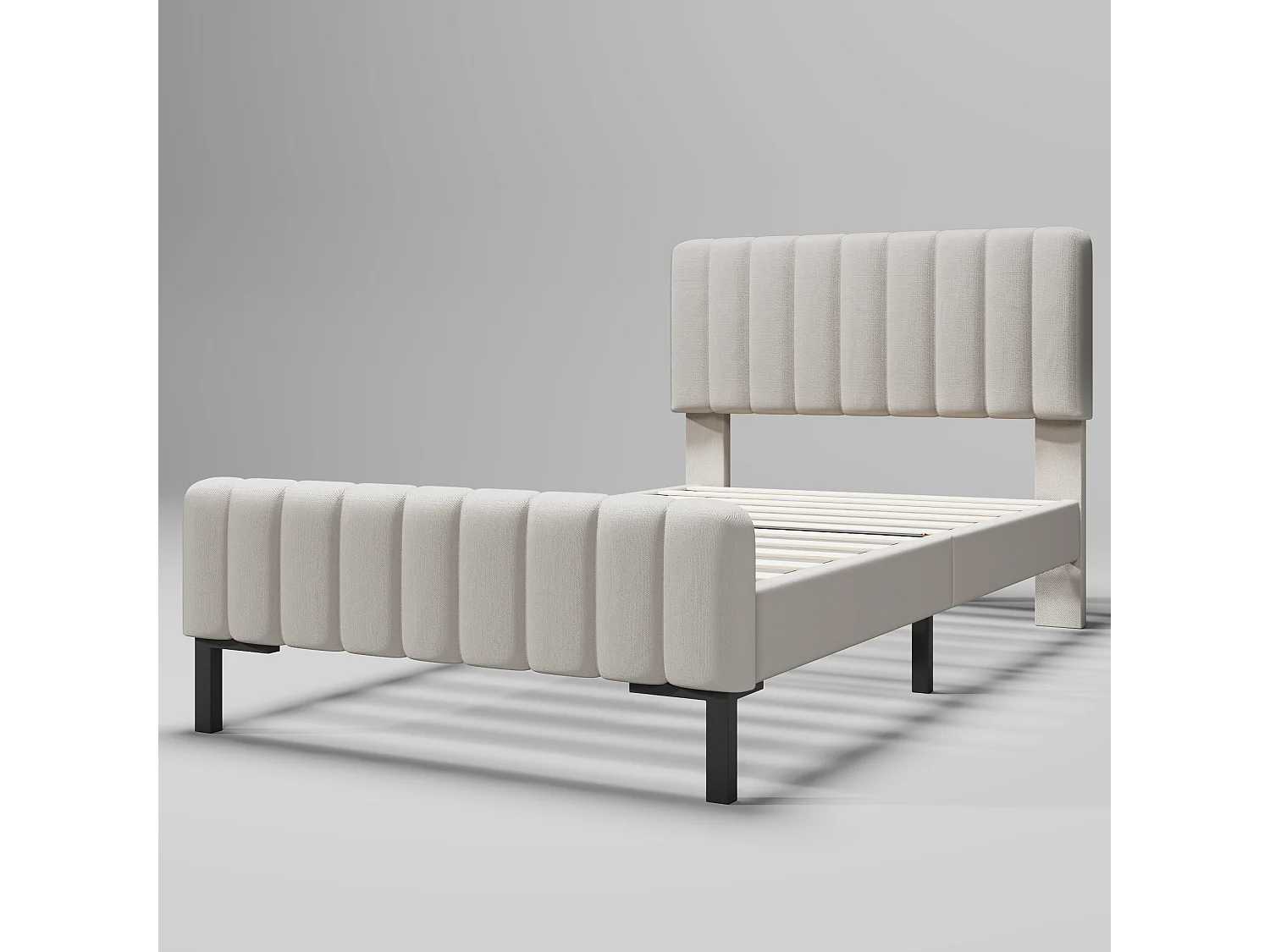 Lit simple 90x200 cm, avec tête de lit réglable et sommier à lattes, en lin et métal, gris et beige (Sans matelas)